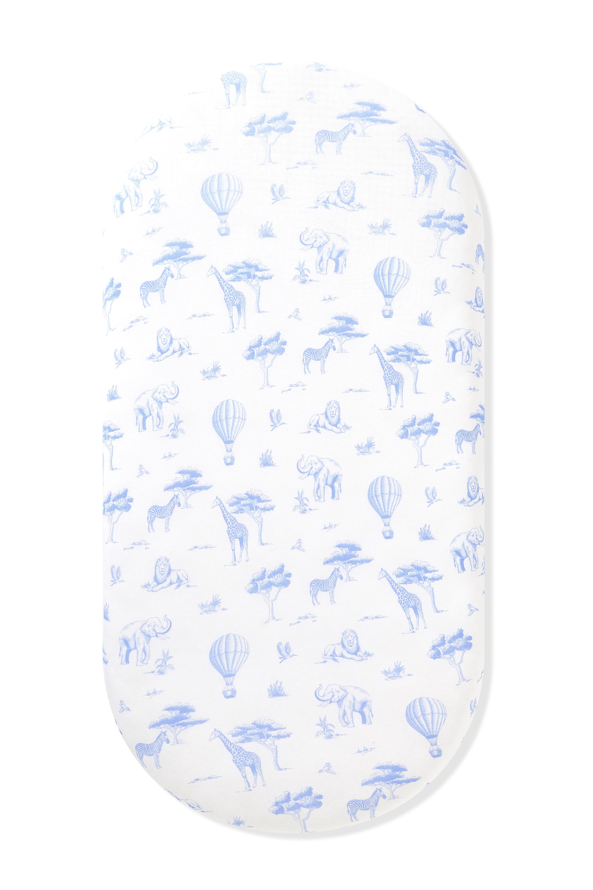 Oval Bassinet Sheet in Toile Safari shown on an oval mattress