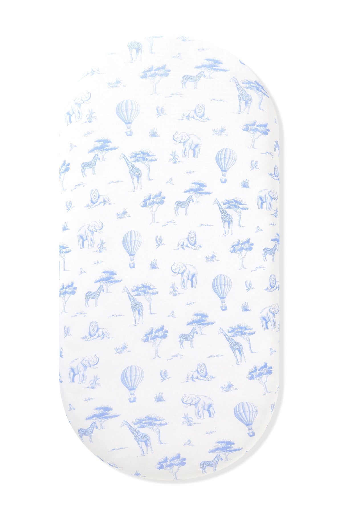 Oval Bassinet Sheet in Toile Safari shown on an oval mattress