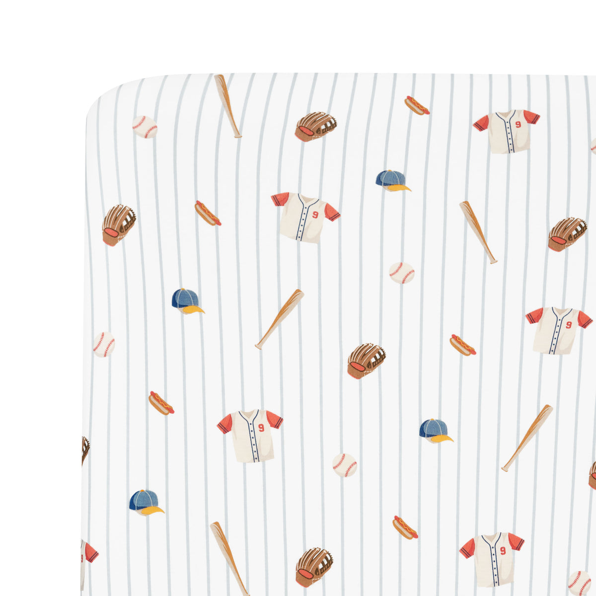 Close up of the Mini Crib Sheet in Home Run on a mattress