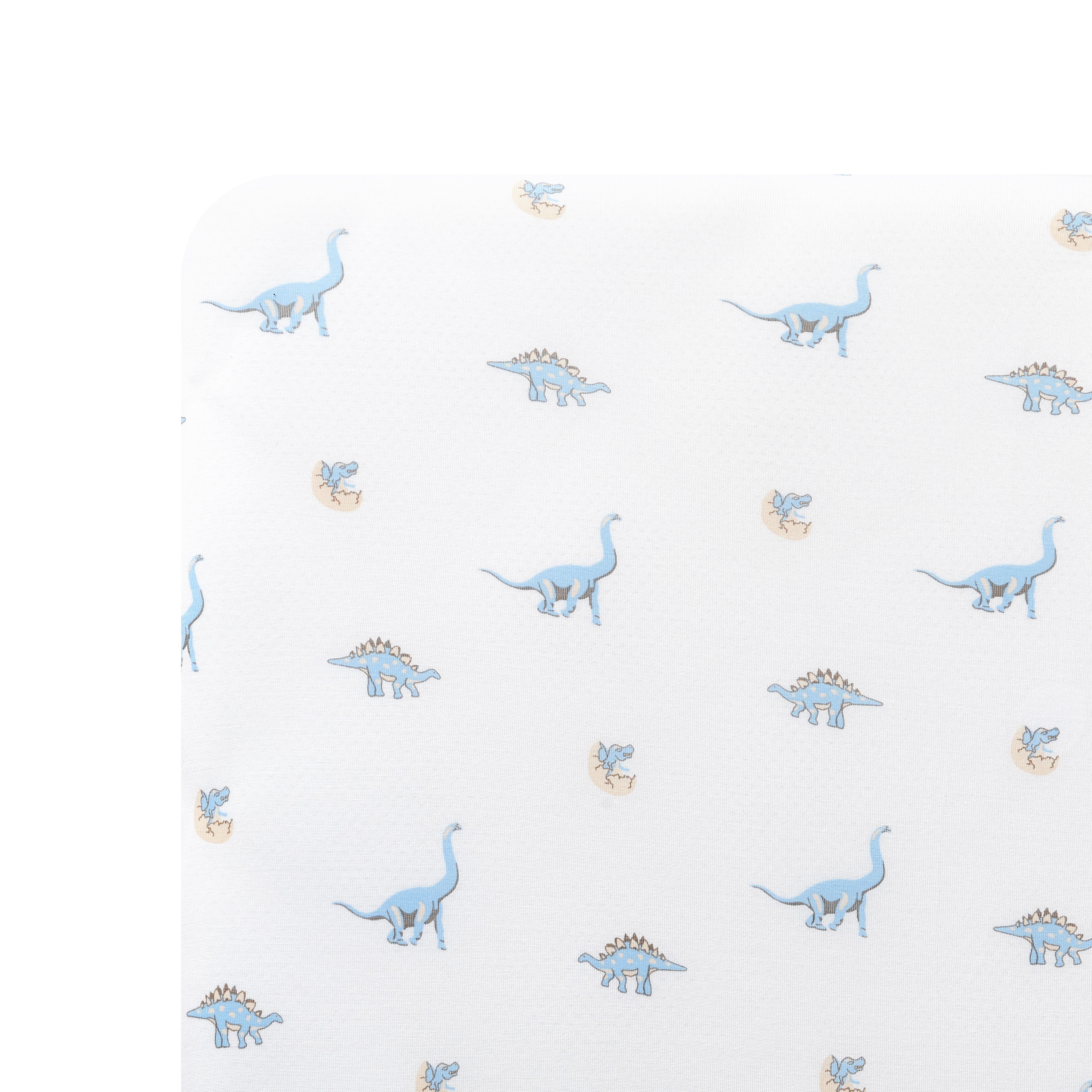Close up of the corner of the Mini Crib Sheet in Jurassic shown on a mattress