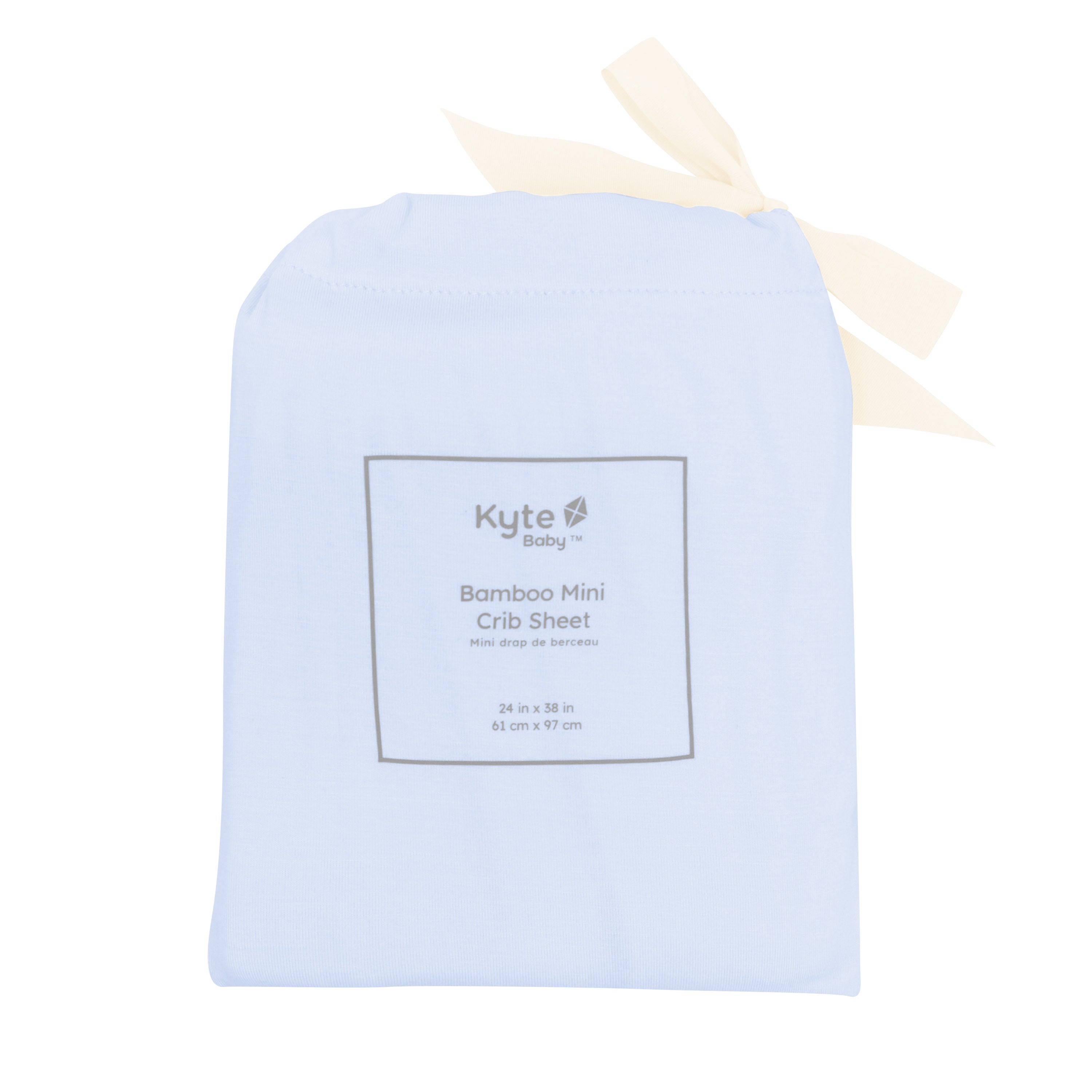 Mini Crib Sheet in Mist shown in its packaging
