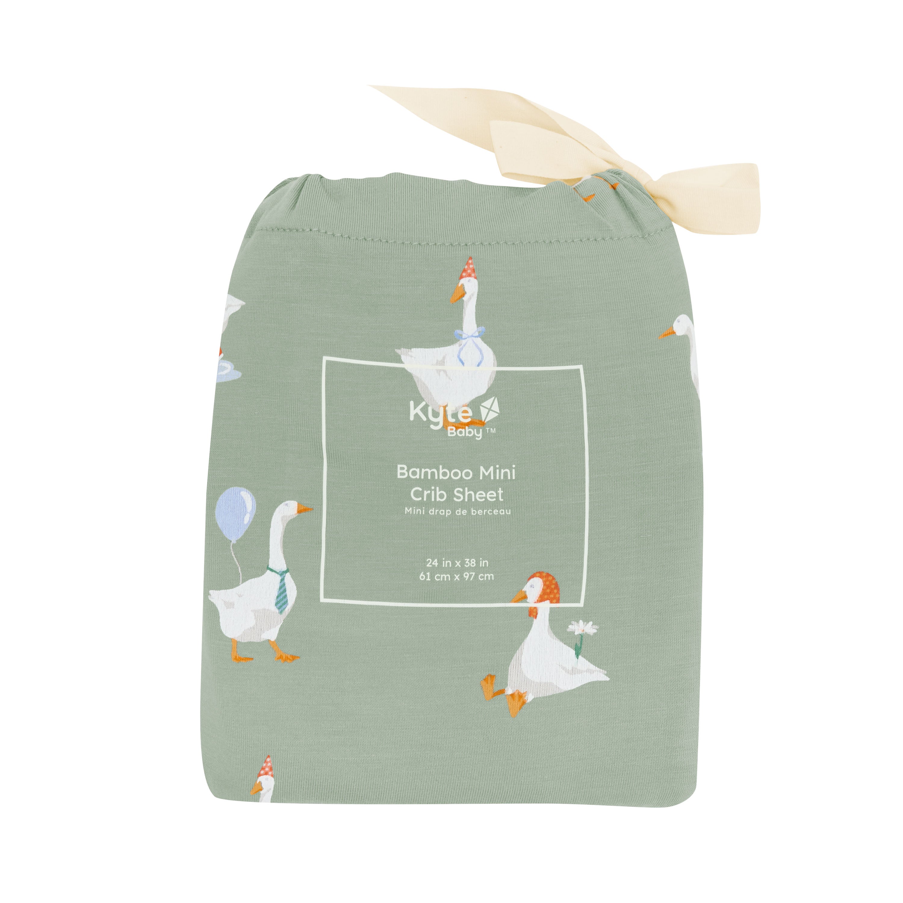 Mini Crib Sheet in Silly Goose shown in its packaging