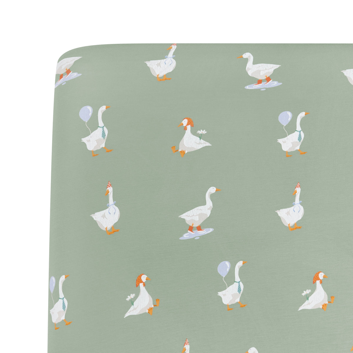 Close up of corner on the Mini Crib Sheet in Silly Goose