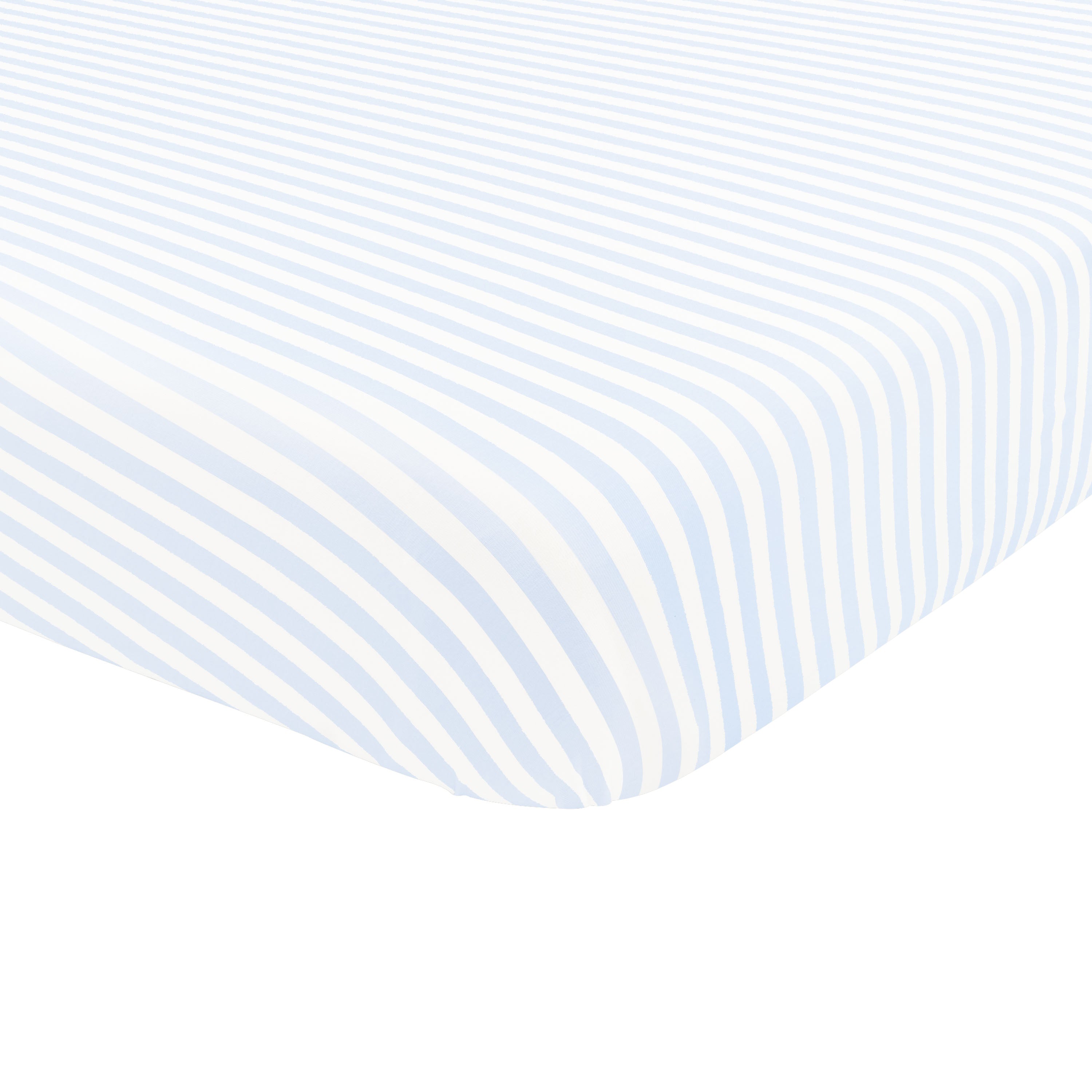 Corner of Mini Crib Sheet in Small Mist Stripe shown on a mattress