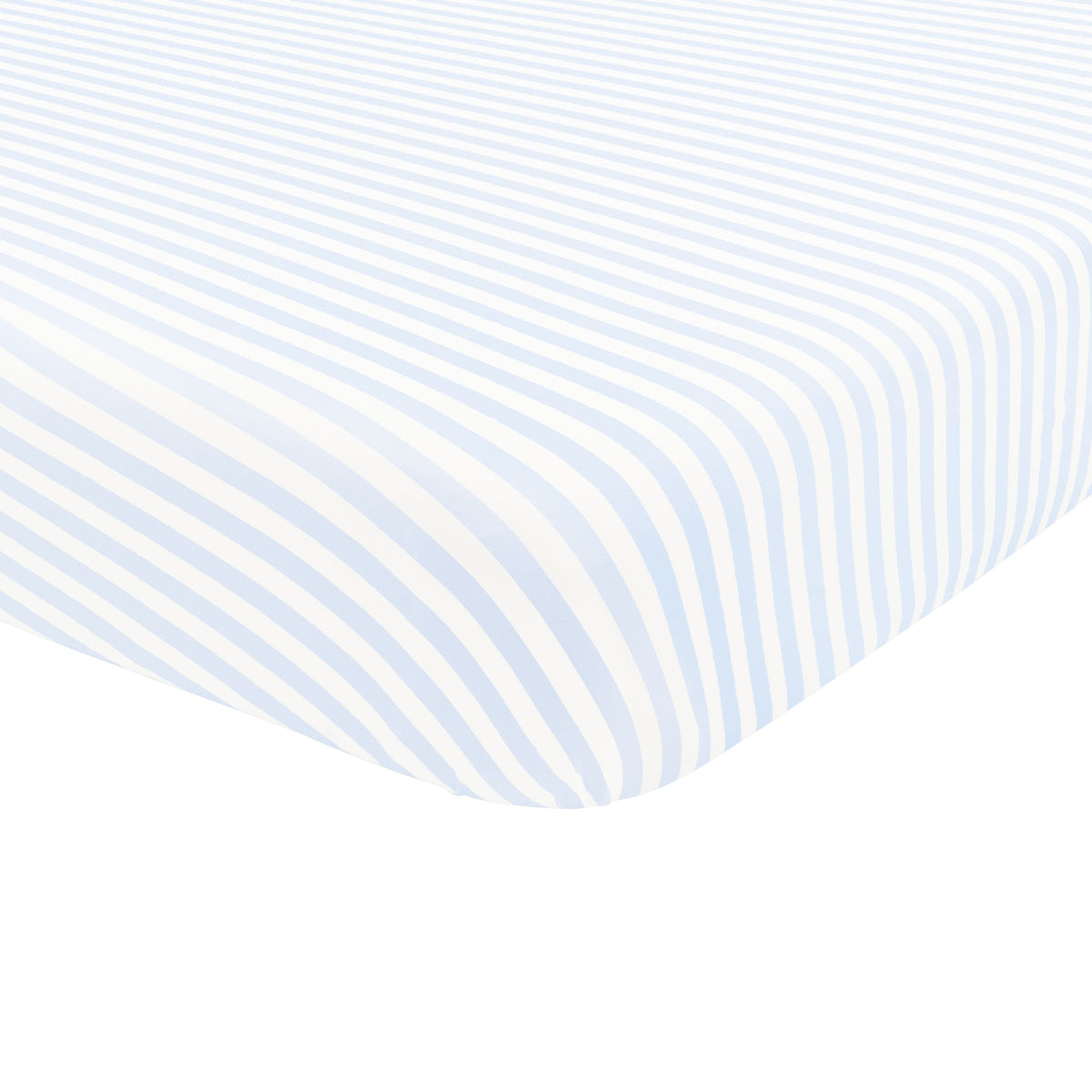 Corner of Mini Crib Sheet in Small Mist Stripe shown on a mattress