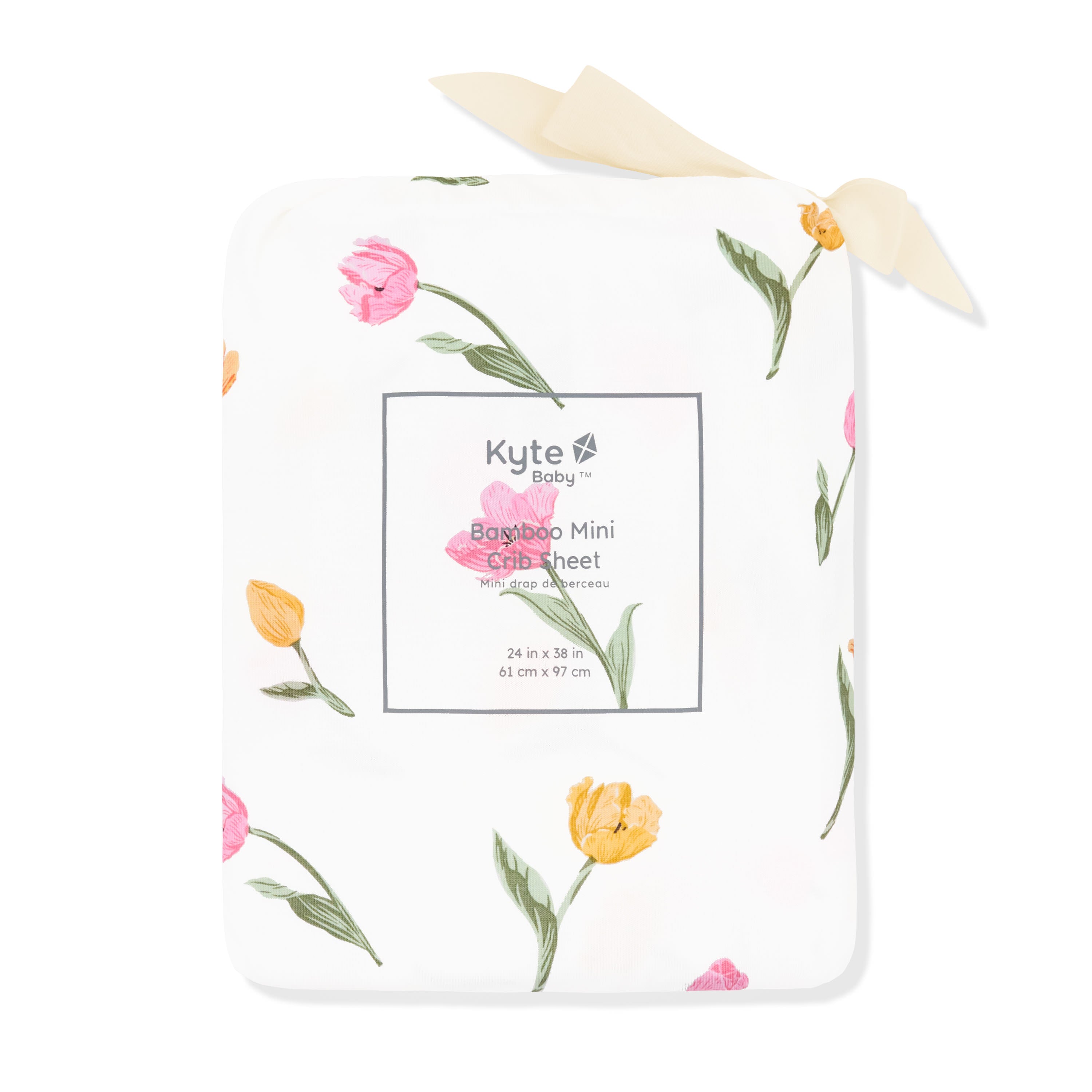 Mini Crib Sheet in Tulip shown in its packaging