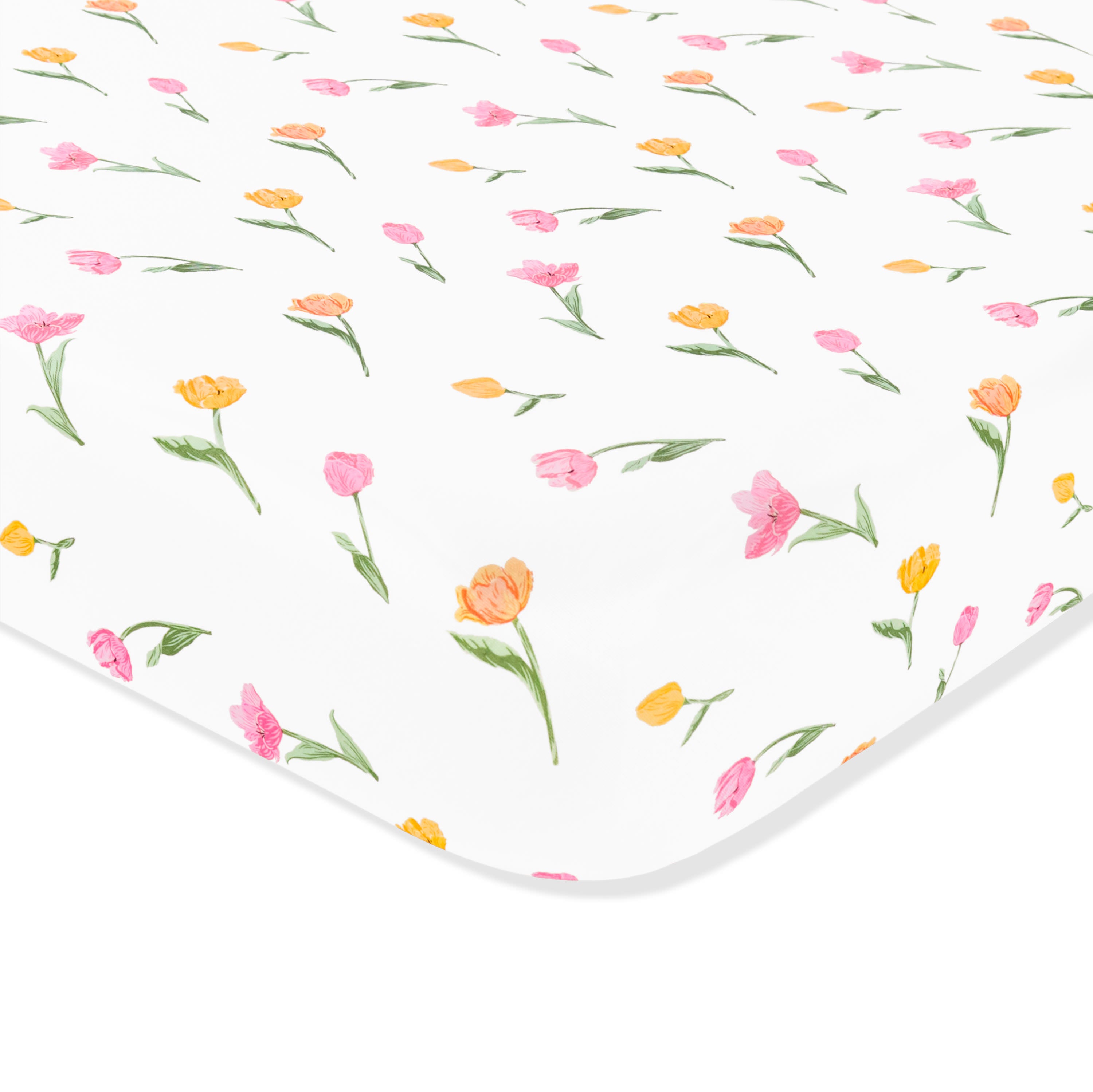 Corner of the Mini Crib Sheet in Tulip shown on a mattress