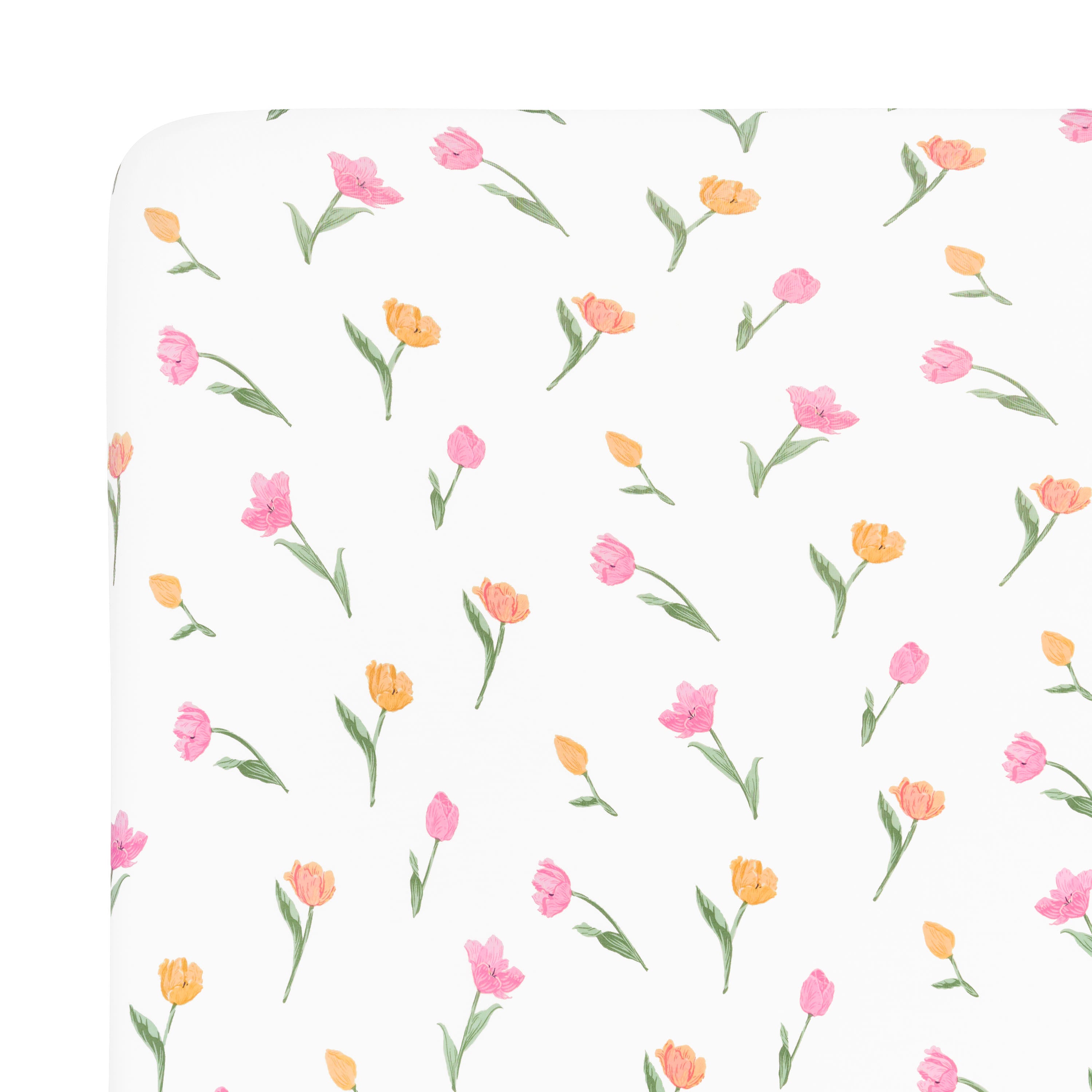 Close up of the Mini Crib Sheet in Tulip shown on a mattress