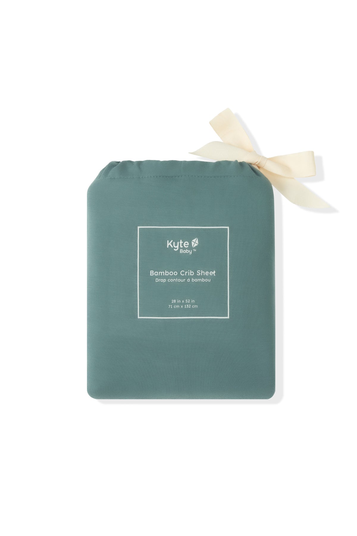 Crib Sheet in Pine packed in a pine color bag on a white background