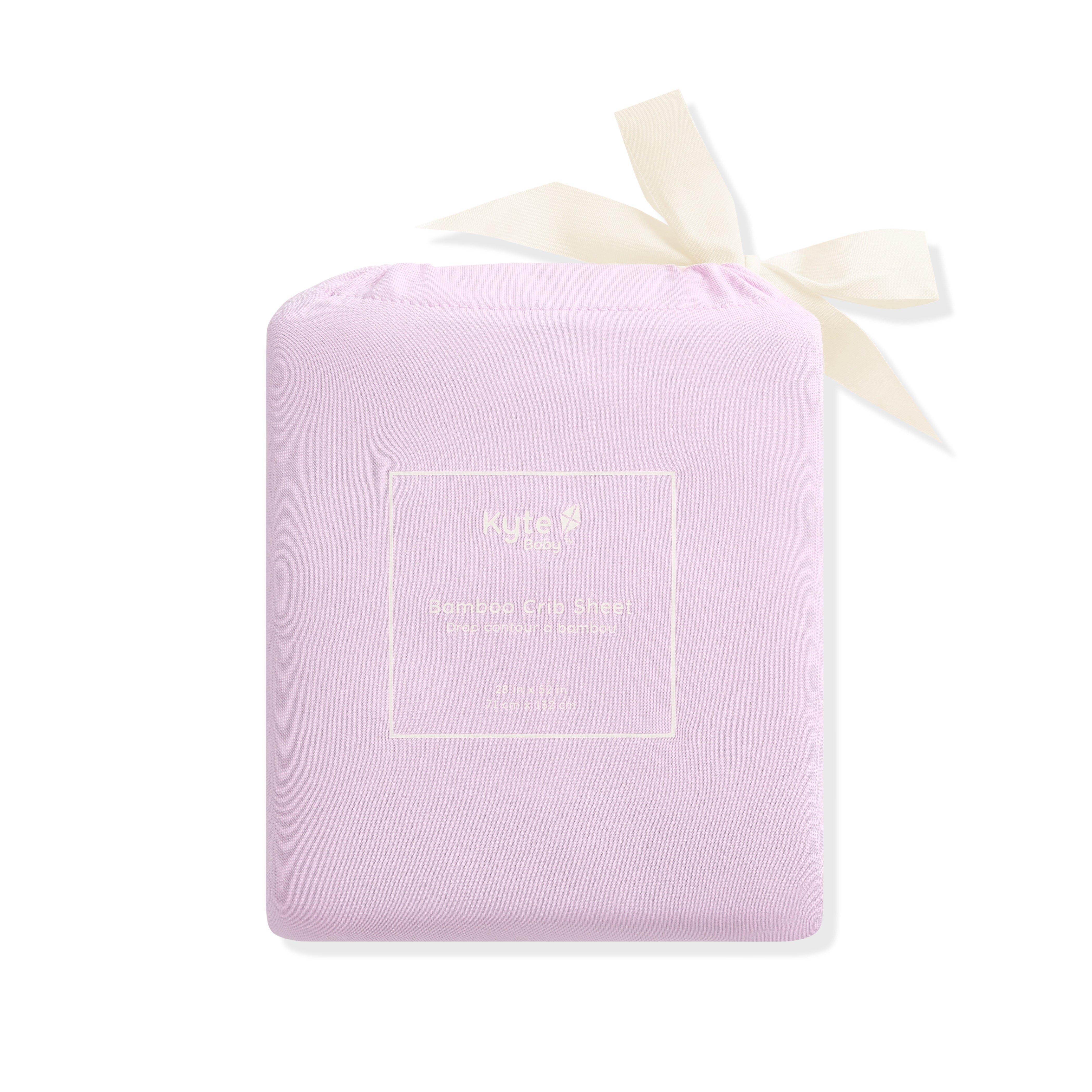 Purple fabric package with a white ribbon on a white background