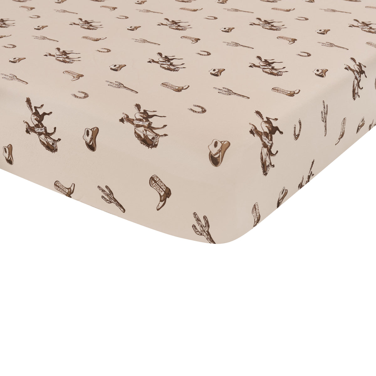 Corner of the Crib Sheet in Classic Cowboy shown on a crib mattress