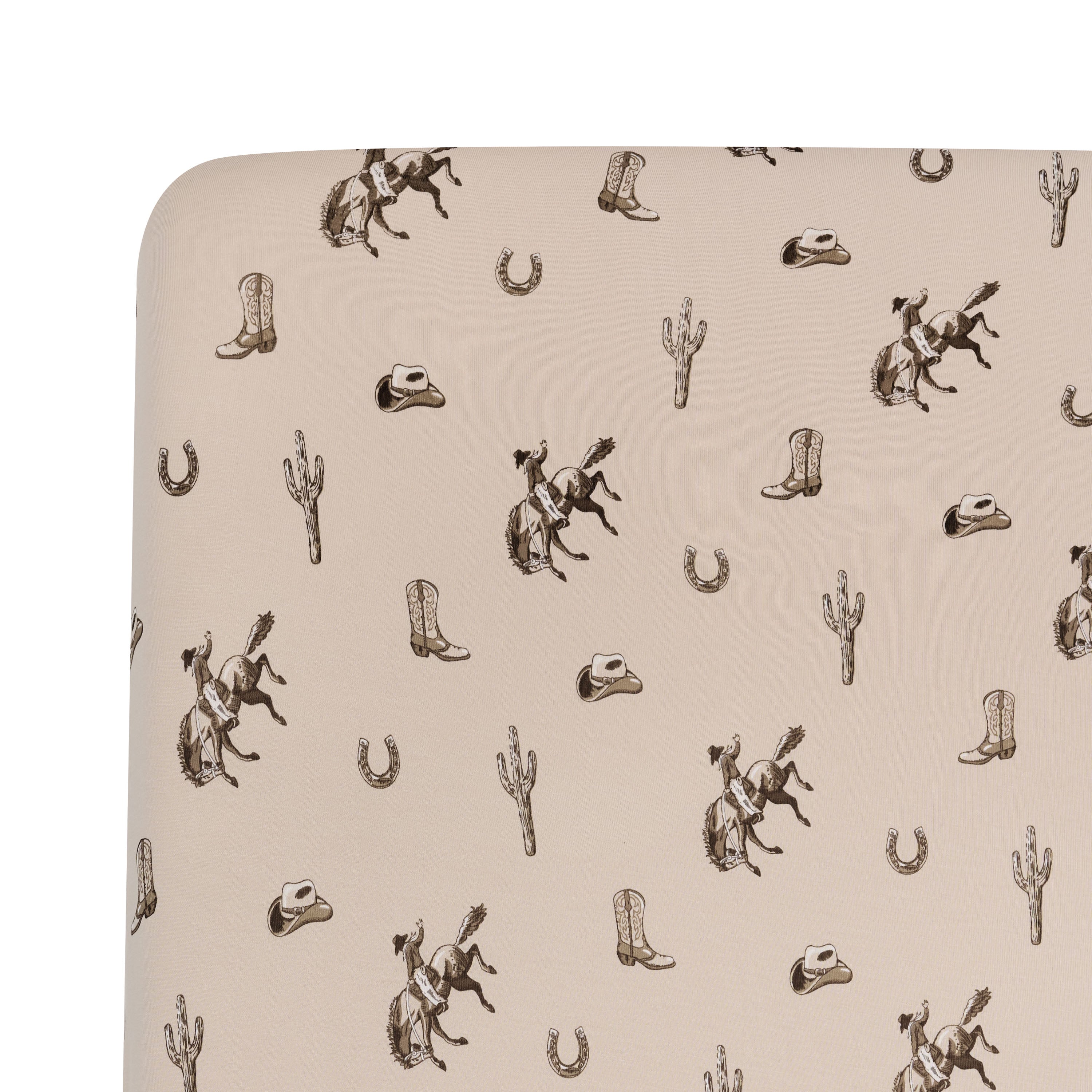 Close up of the Crib Sheet in Classic Cowboy on a crib mattress