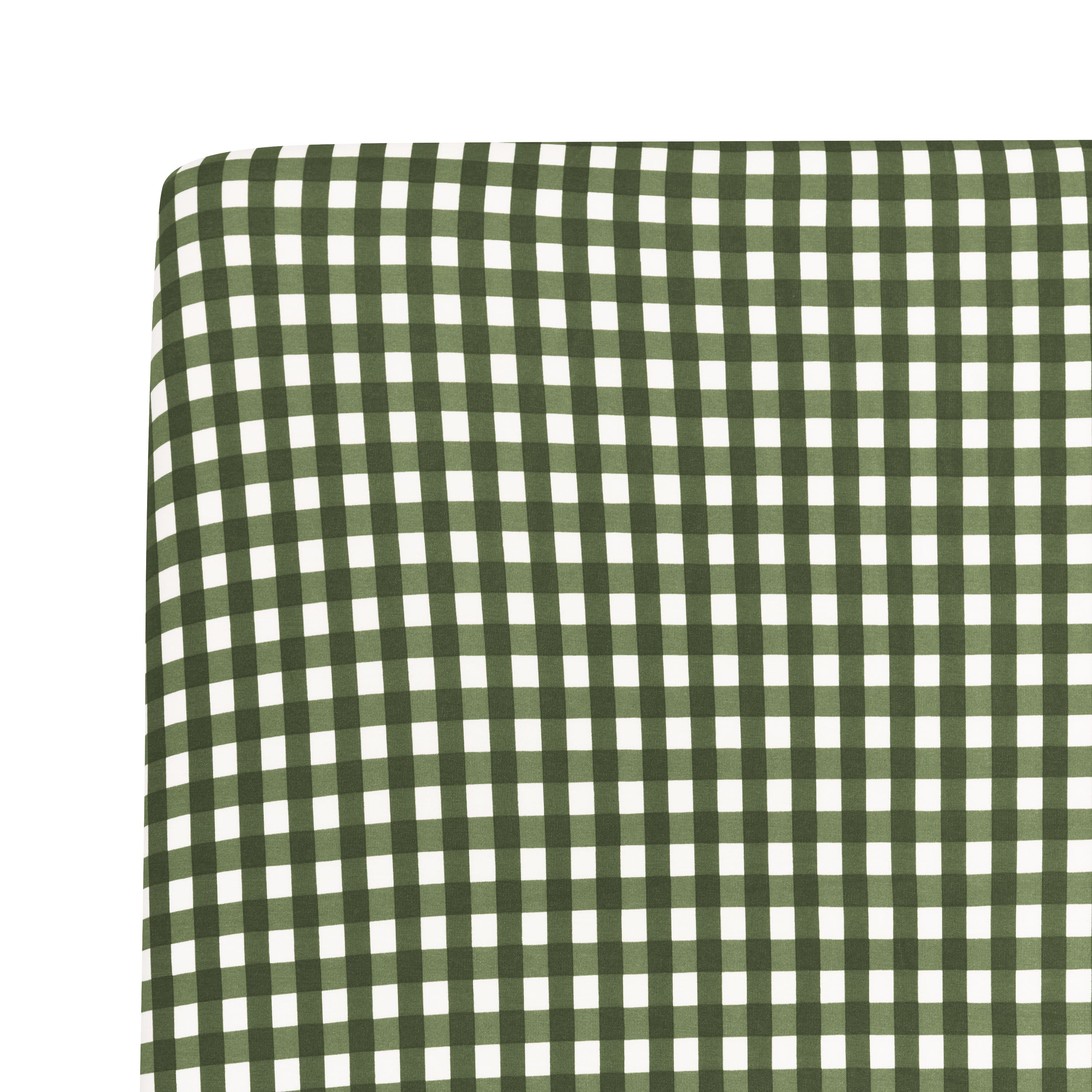 Close up of a corner on the Crib Sheet in Gingham Fir