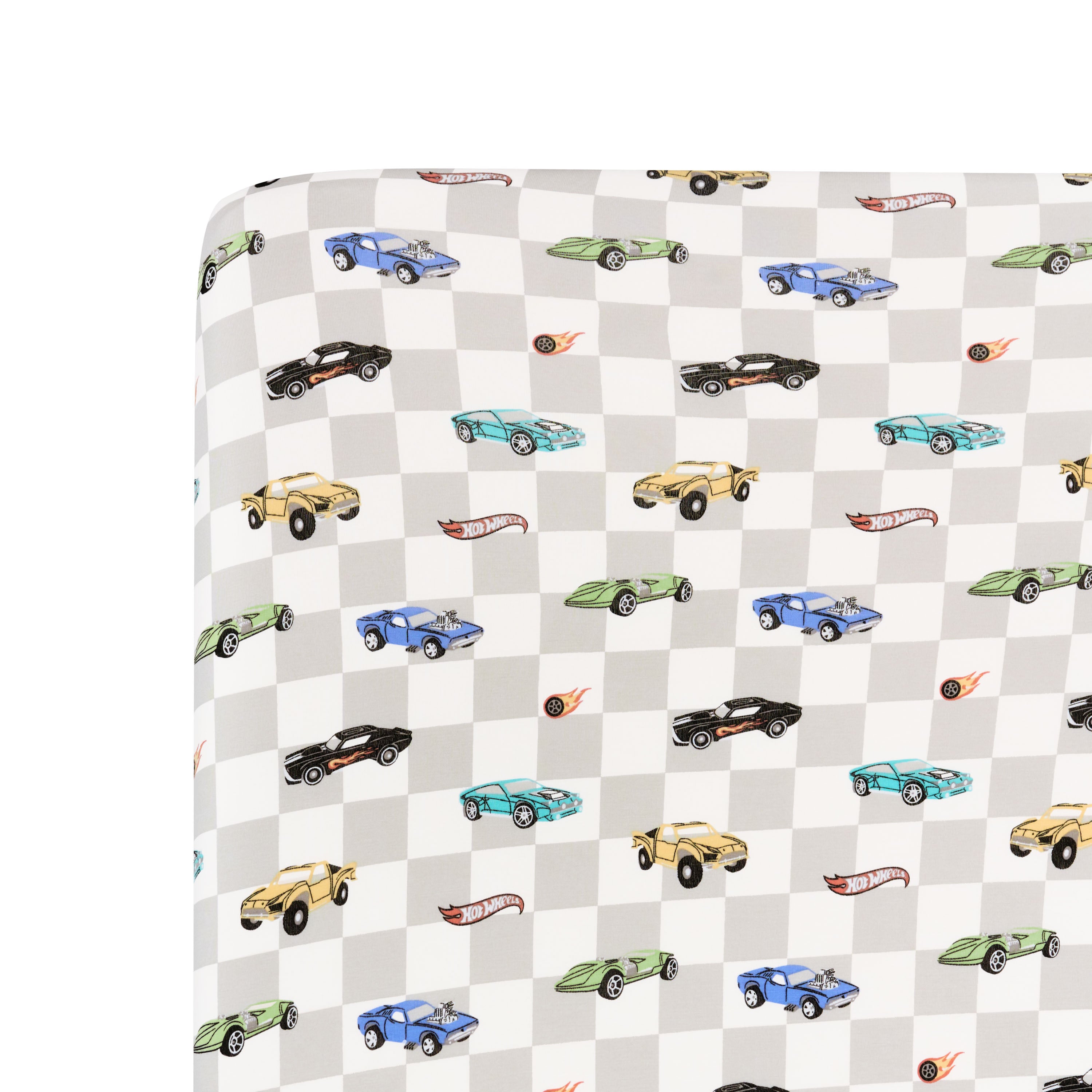 Close up of the Crib Sheet in Fast and Fierce shown on a mattress