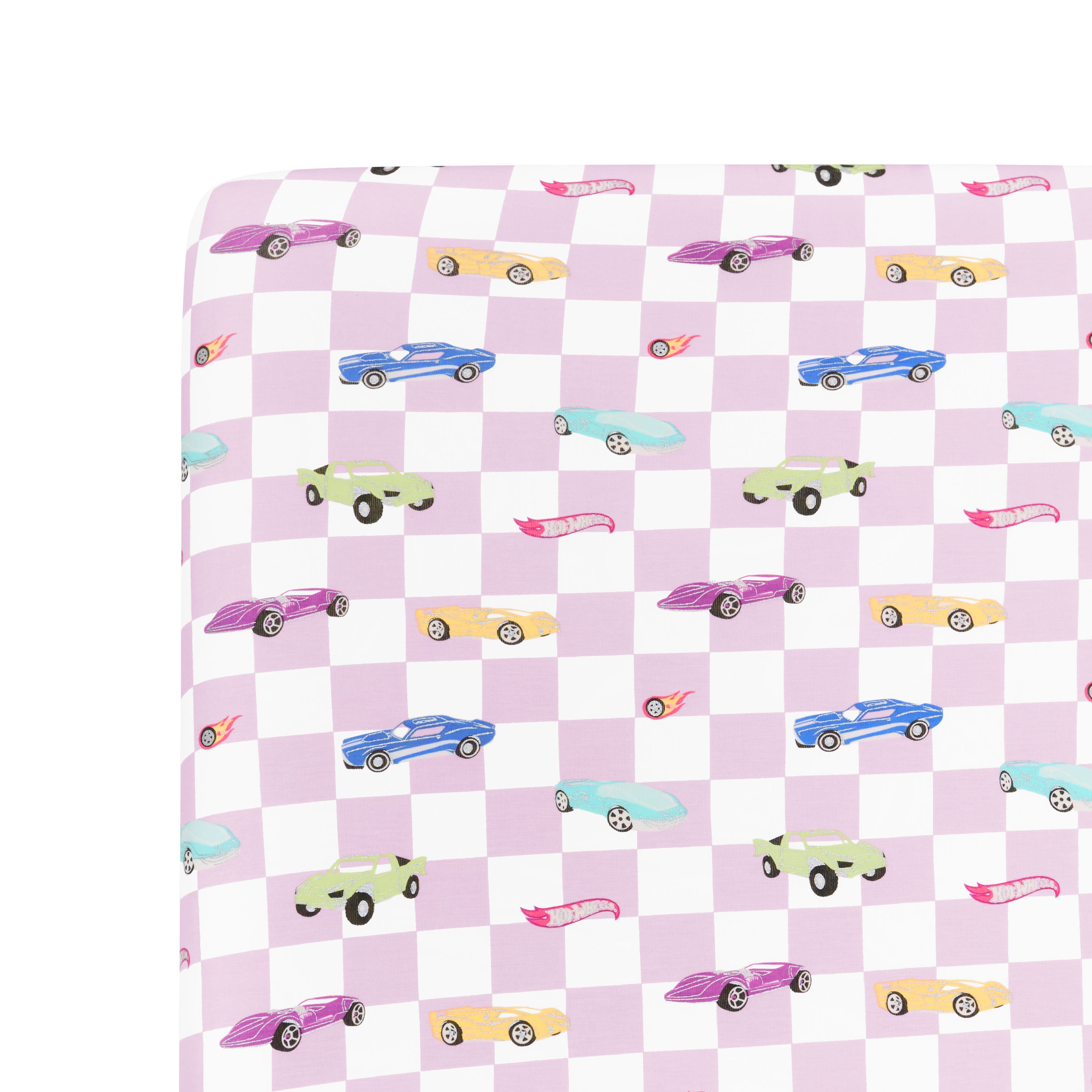 Close up of the Crib Sheet in Sparkles and Speed shown on a mattress