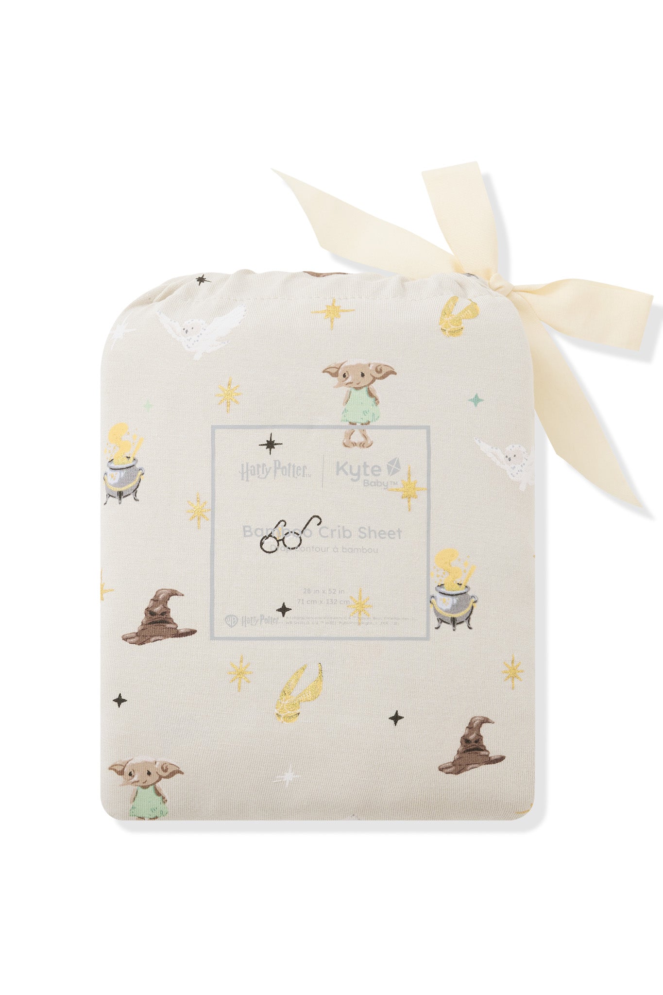 Beige Crib sheet packed in a bag with Harry Potter print on a white background