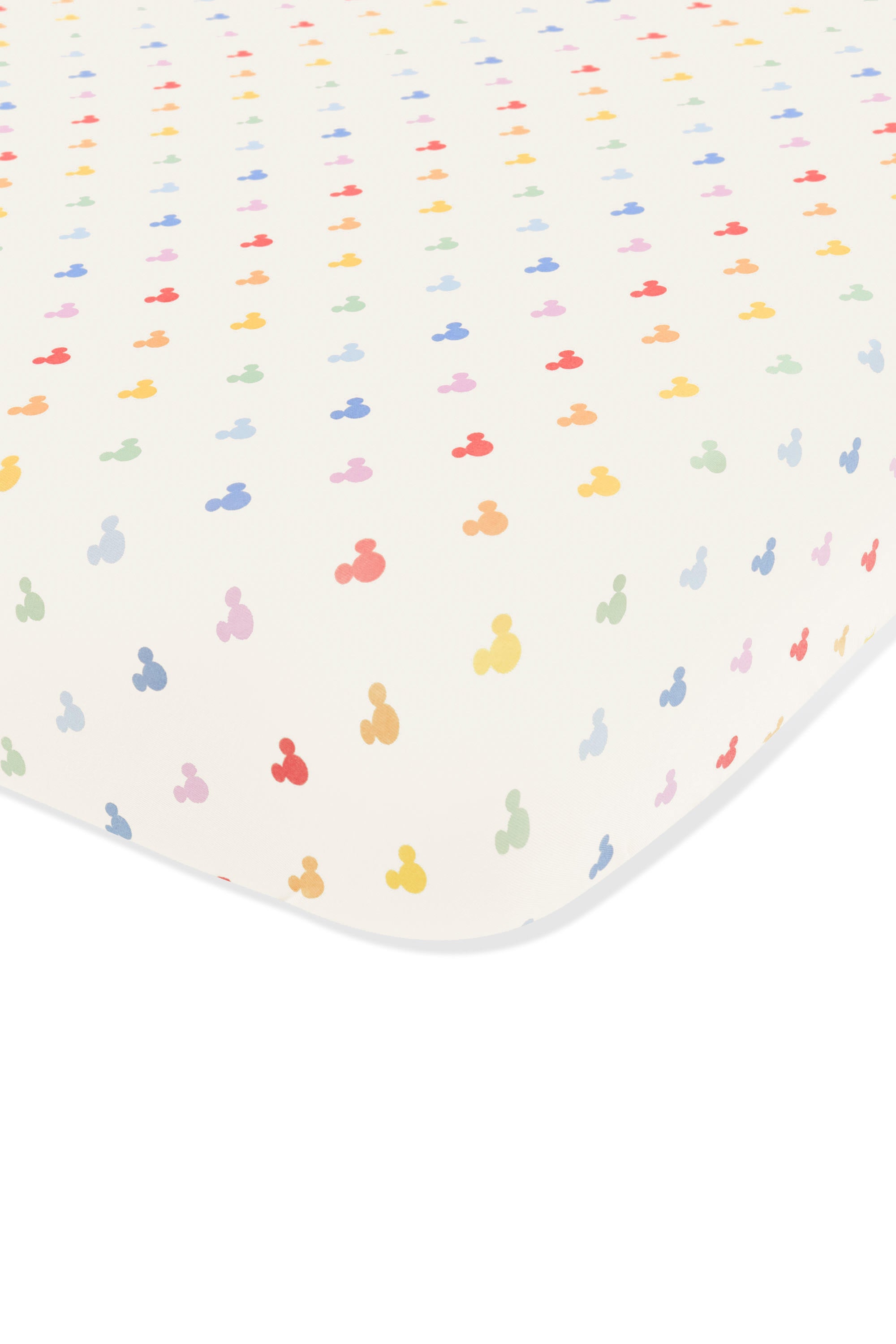 Crib sheet with pastel mickey mouse pattern on an oat background