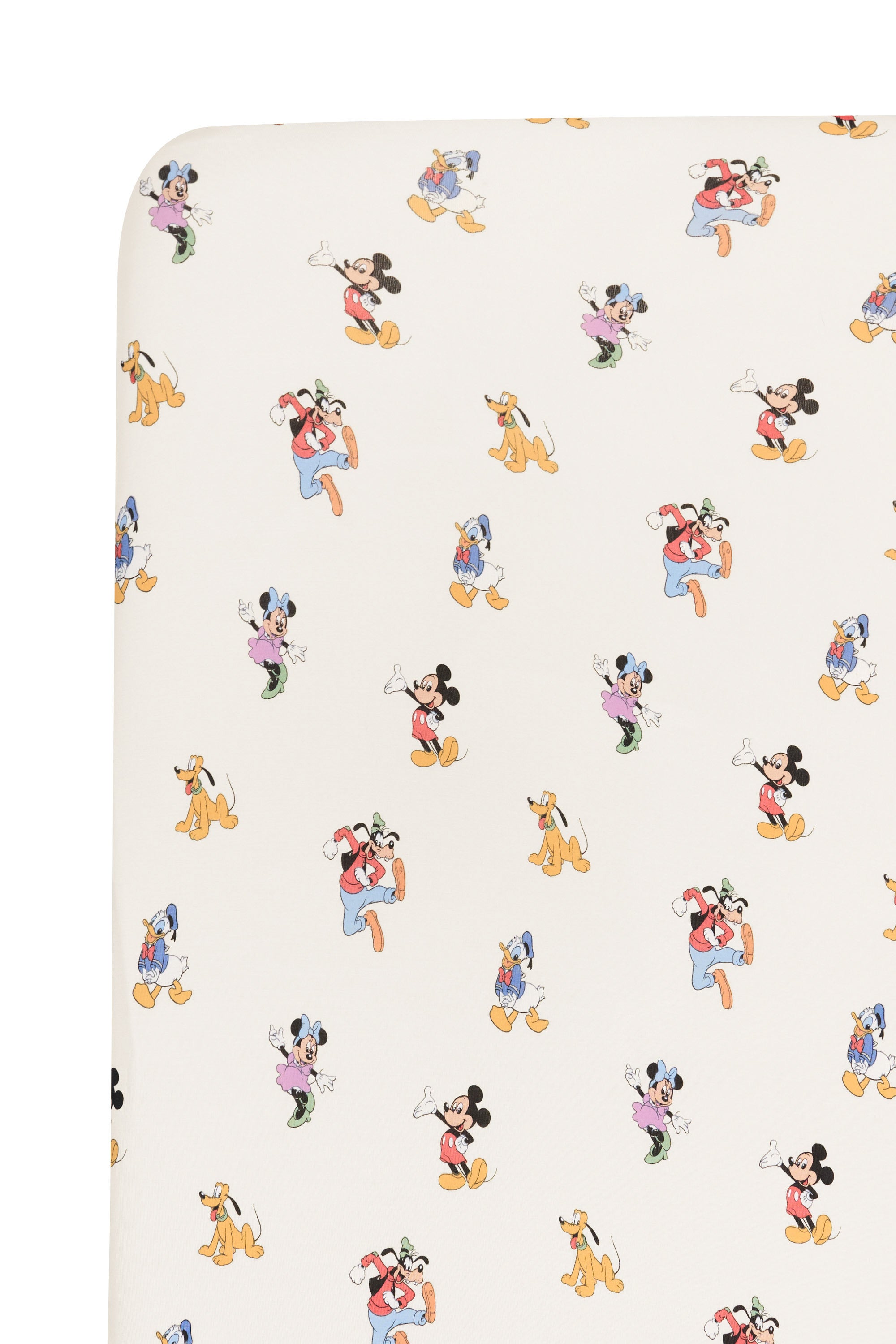 Crib sheet fabric in mickey mouse and friends print on an oat background