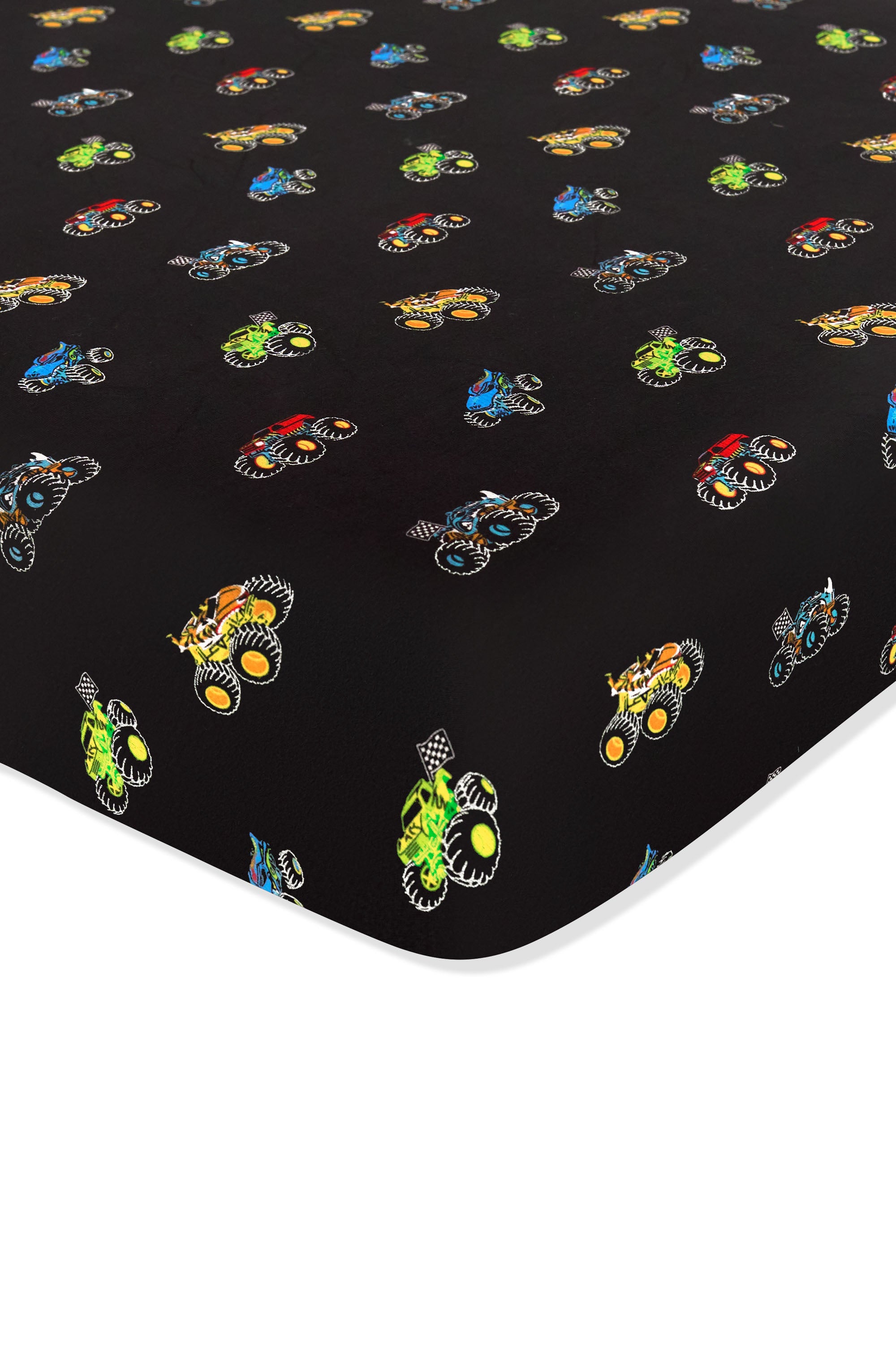 Crib Sheet with colorful Monster Truck print on white background