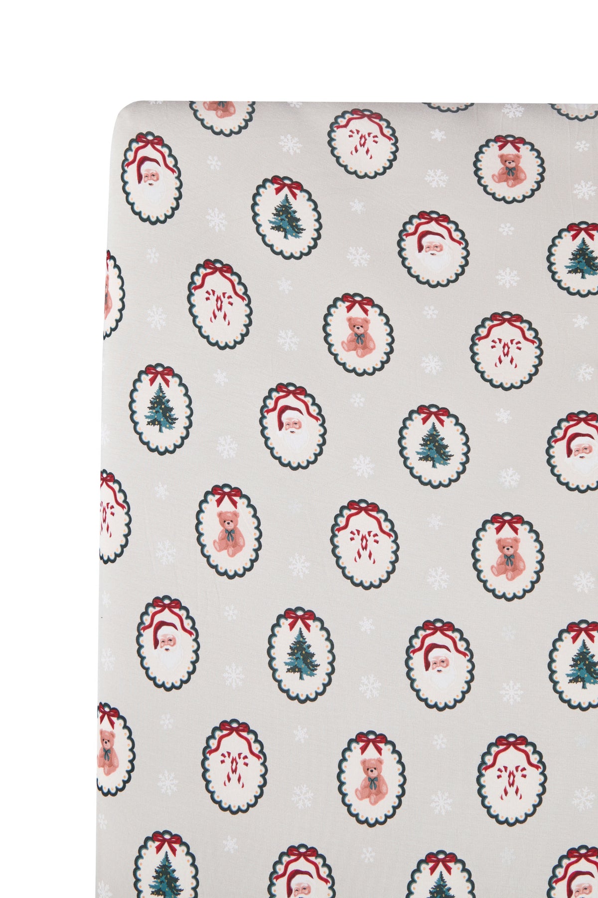 Crib Sheet in Holiday Medallion print on white background