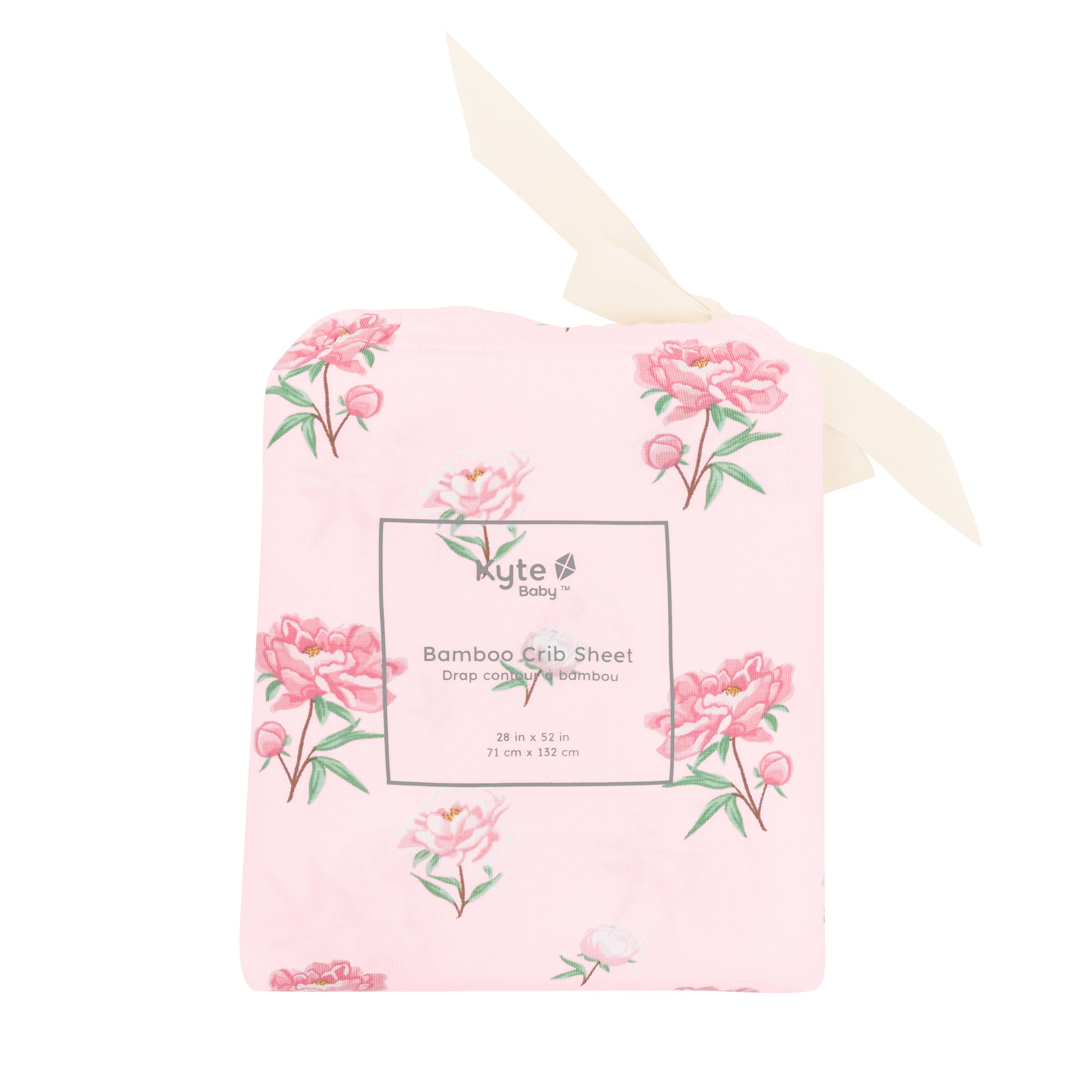 Crib Sheet in Sakura Peony shown in its packaging