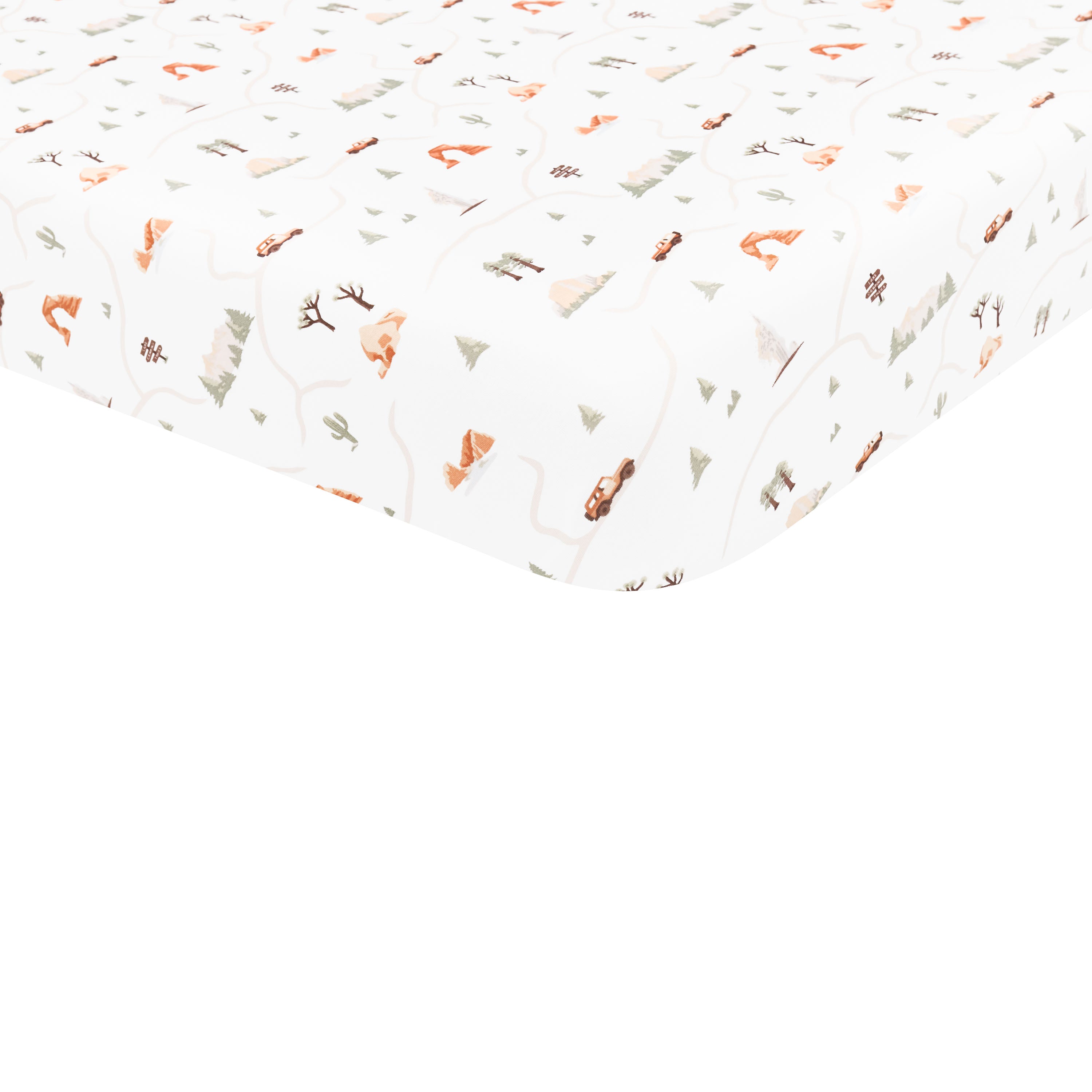 Crib Sheet in Road Trip corner shown on a mattress