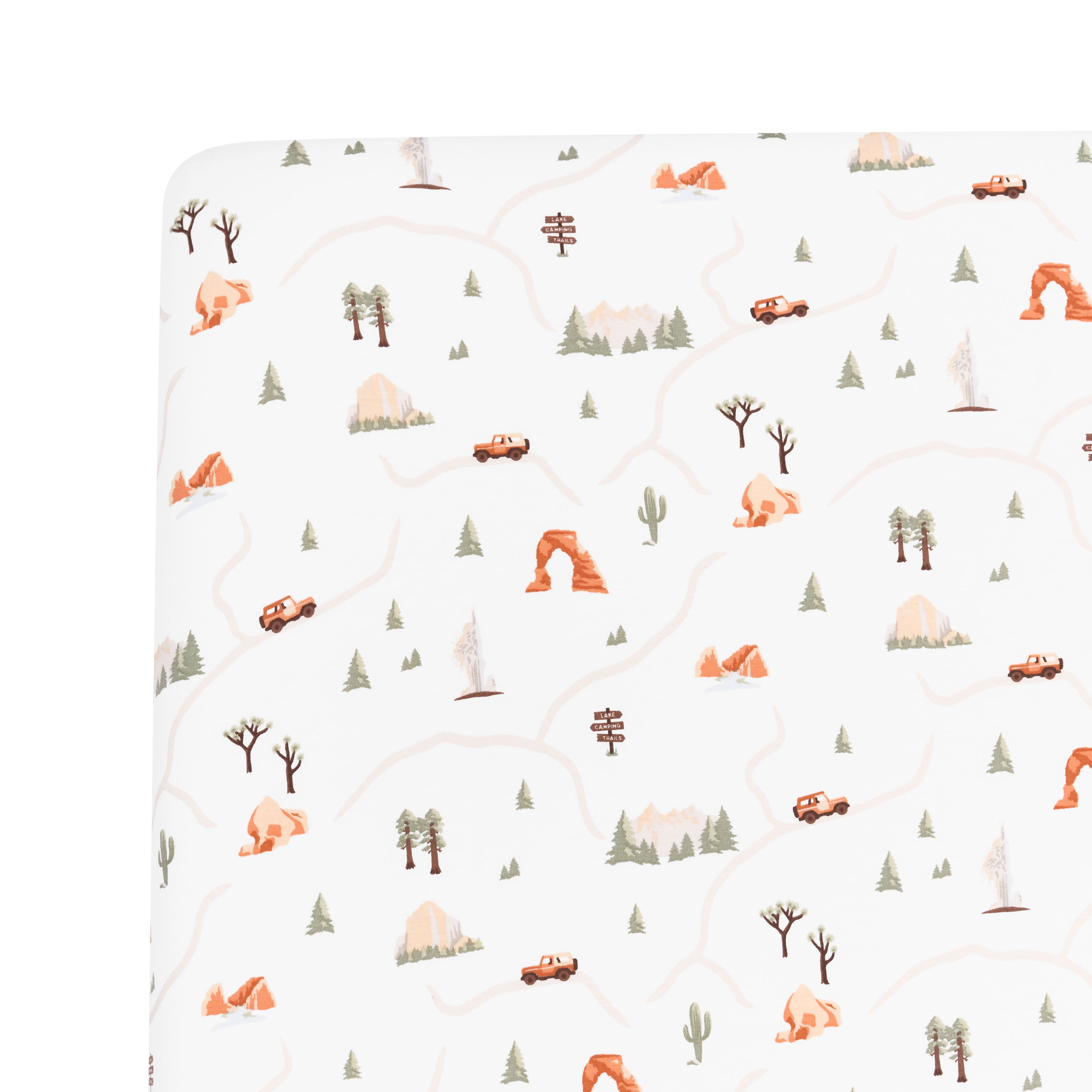 Close up of the corner on the Crib Sheet in Road Trip