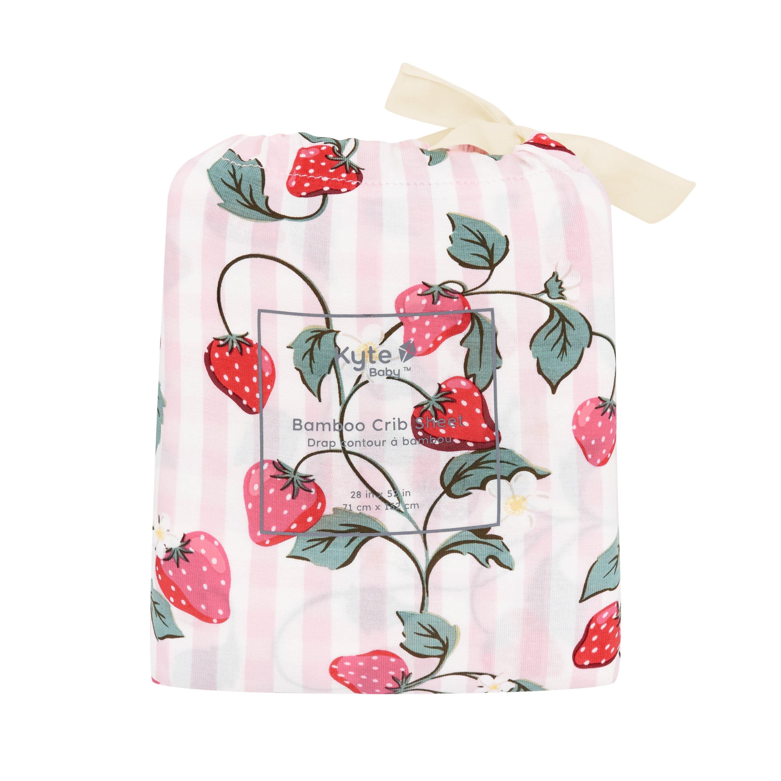 Crib Sheet in Strawberry Fields shown in its packaging