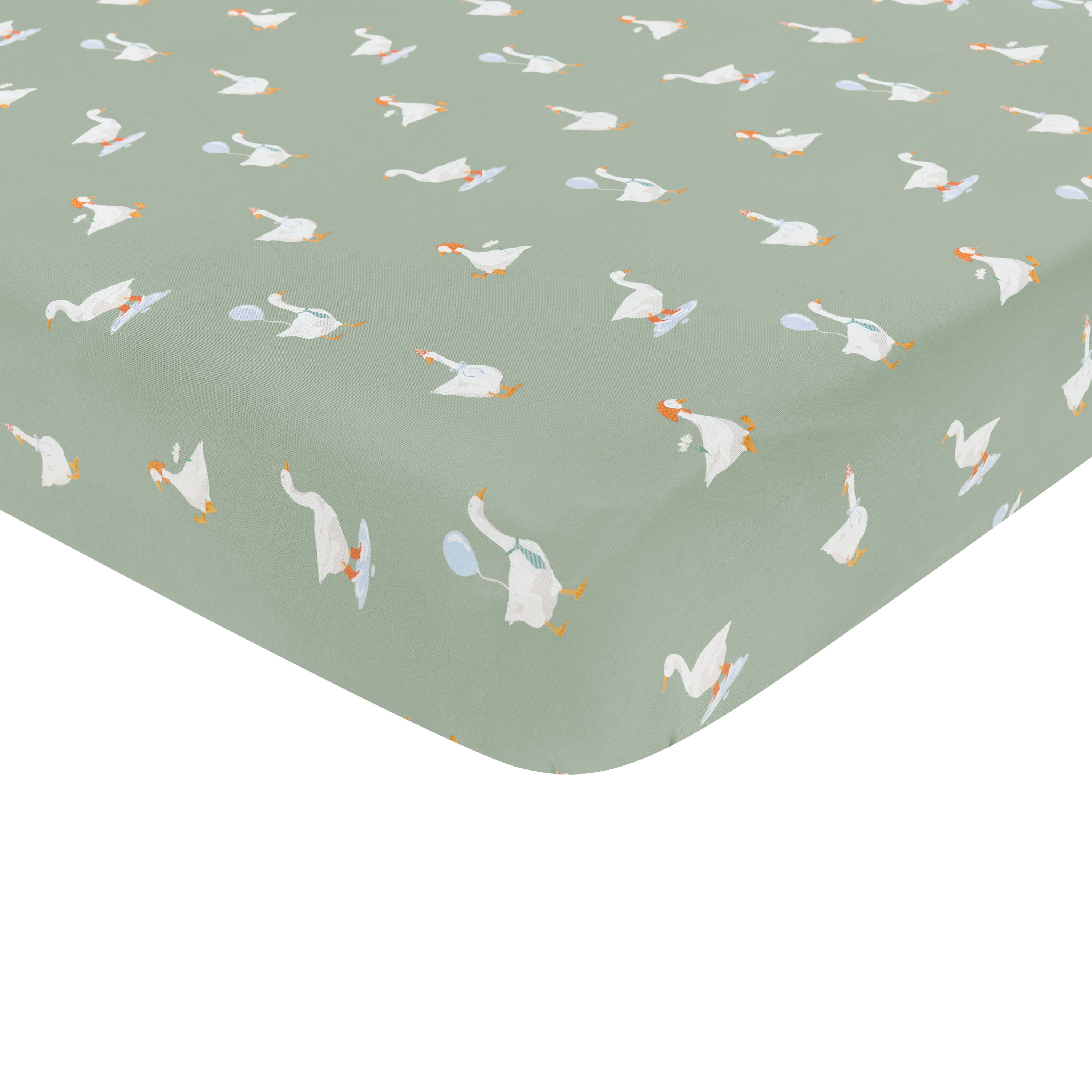Corner of the Crib Sheet in Silly Goose shown on a crib mattress