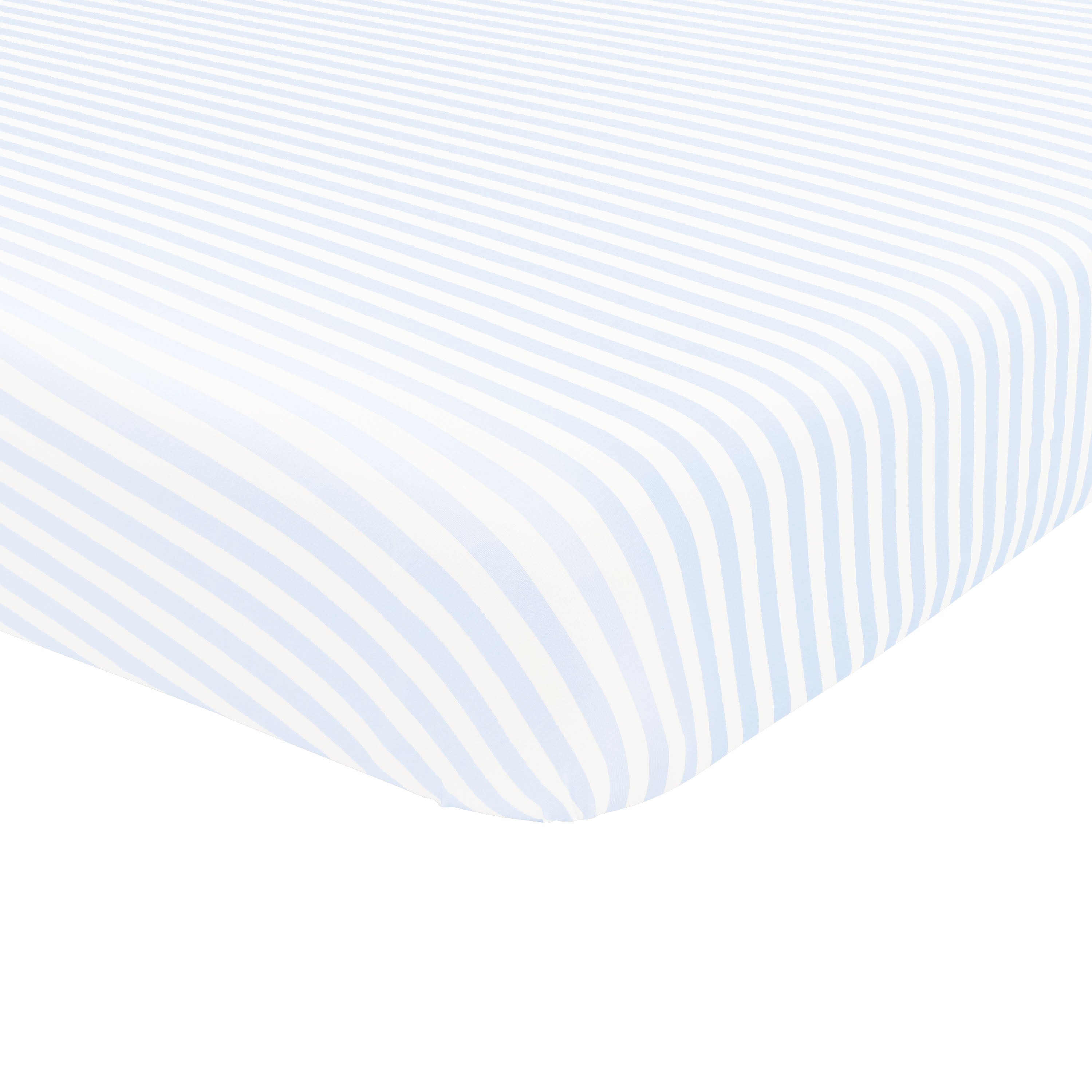 Crib Sheet in Small Mist Stripe corner shown on a mattress