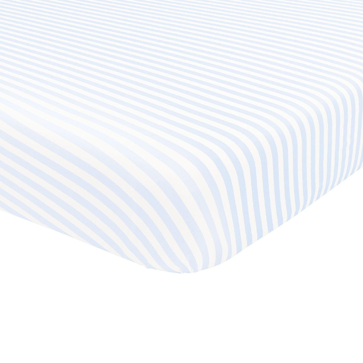 Crib Sheet in Small Mist Stripe corner shown on a mattress