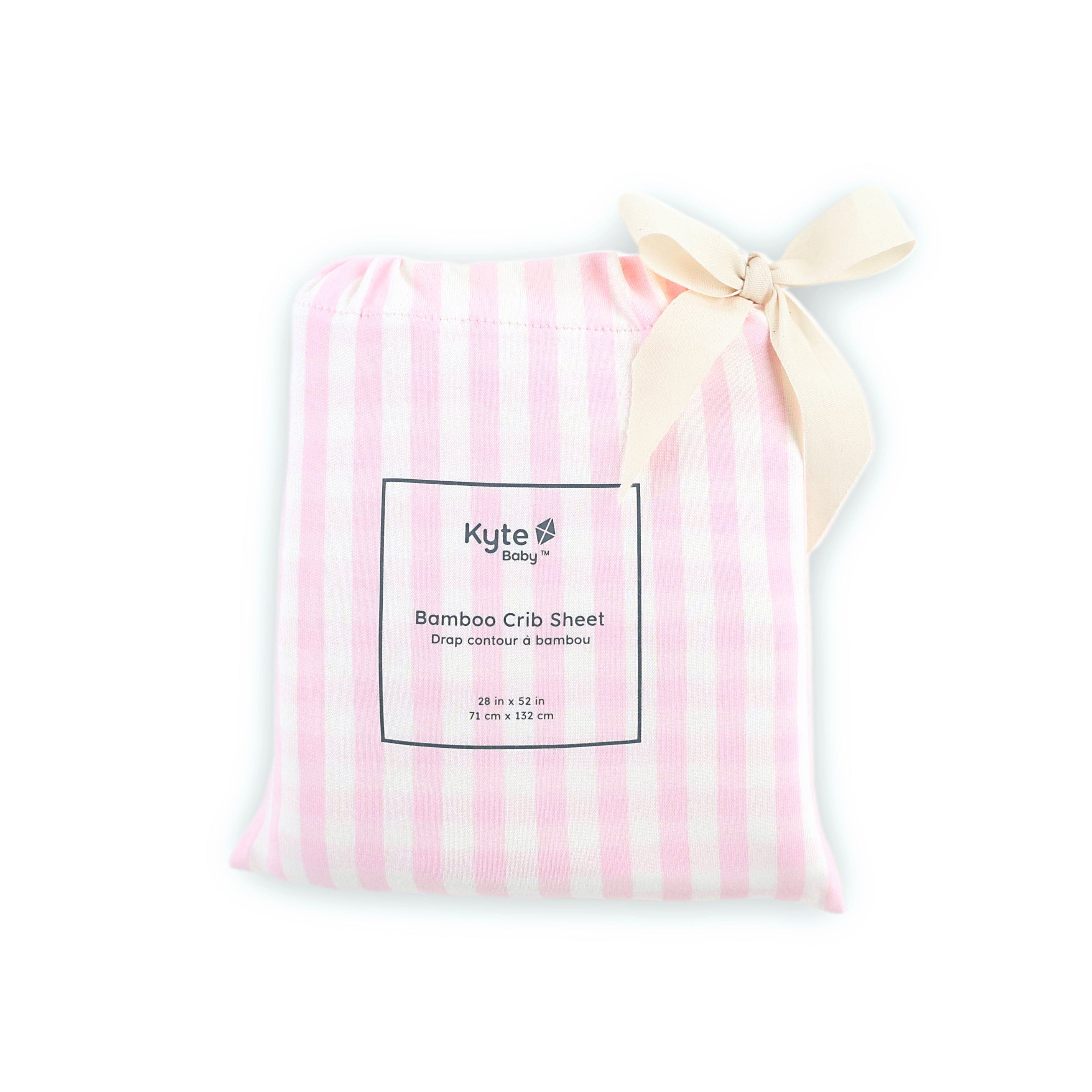Crib Sheet in Small Sakura Stripe shown in its packaging