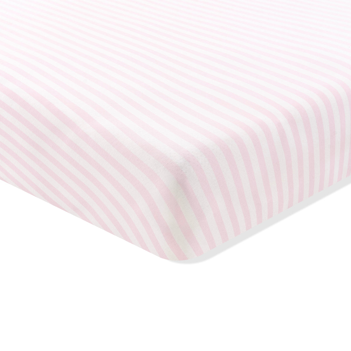 Corner of the Crib Sheet in Small Sakura Stripe shown on a crib mattress