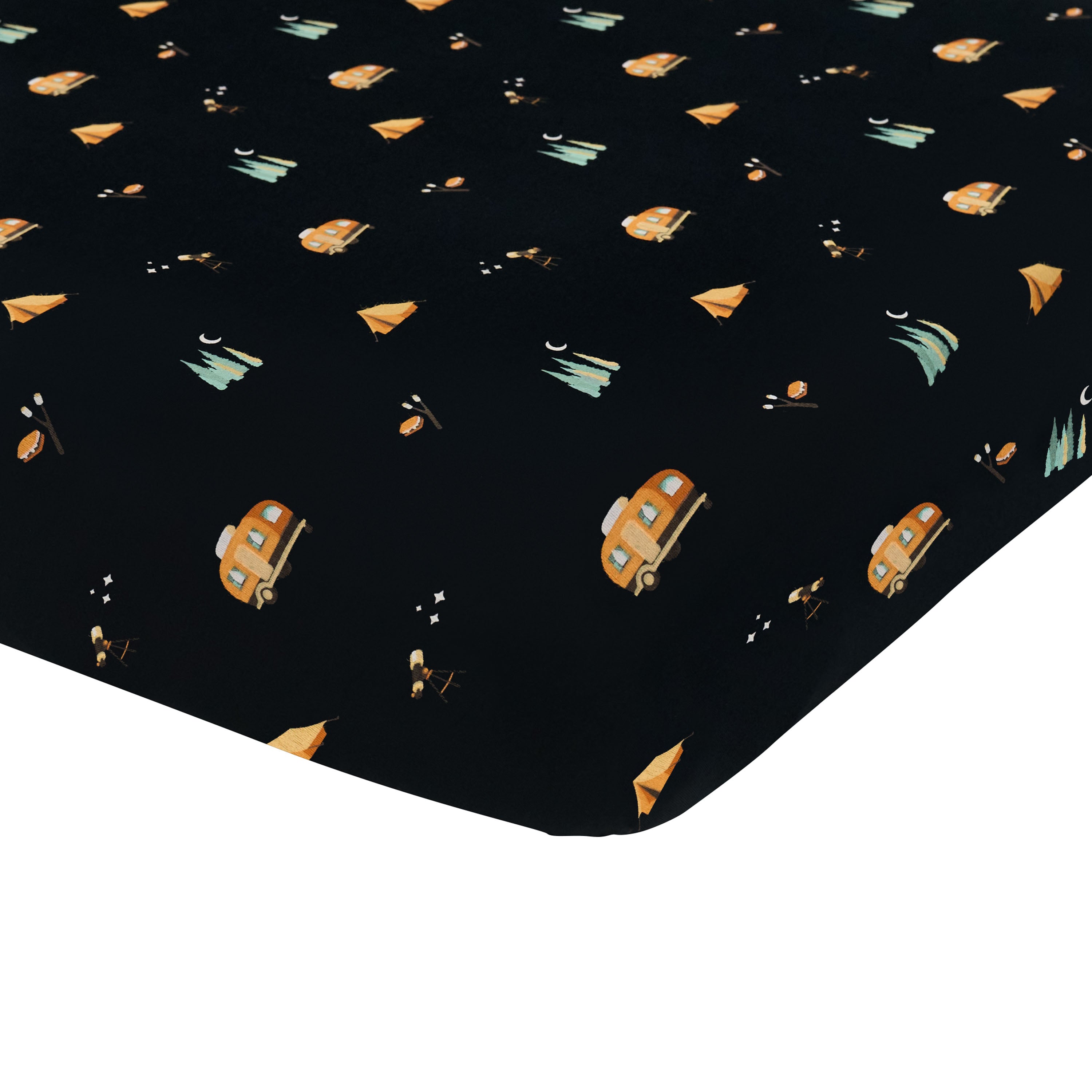 Corner of the Crib Sheet in Under the Stars shown on a mattress