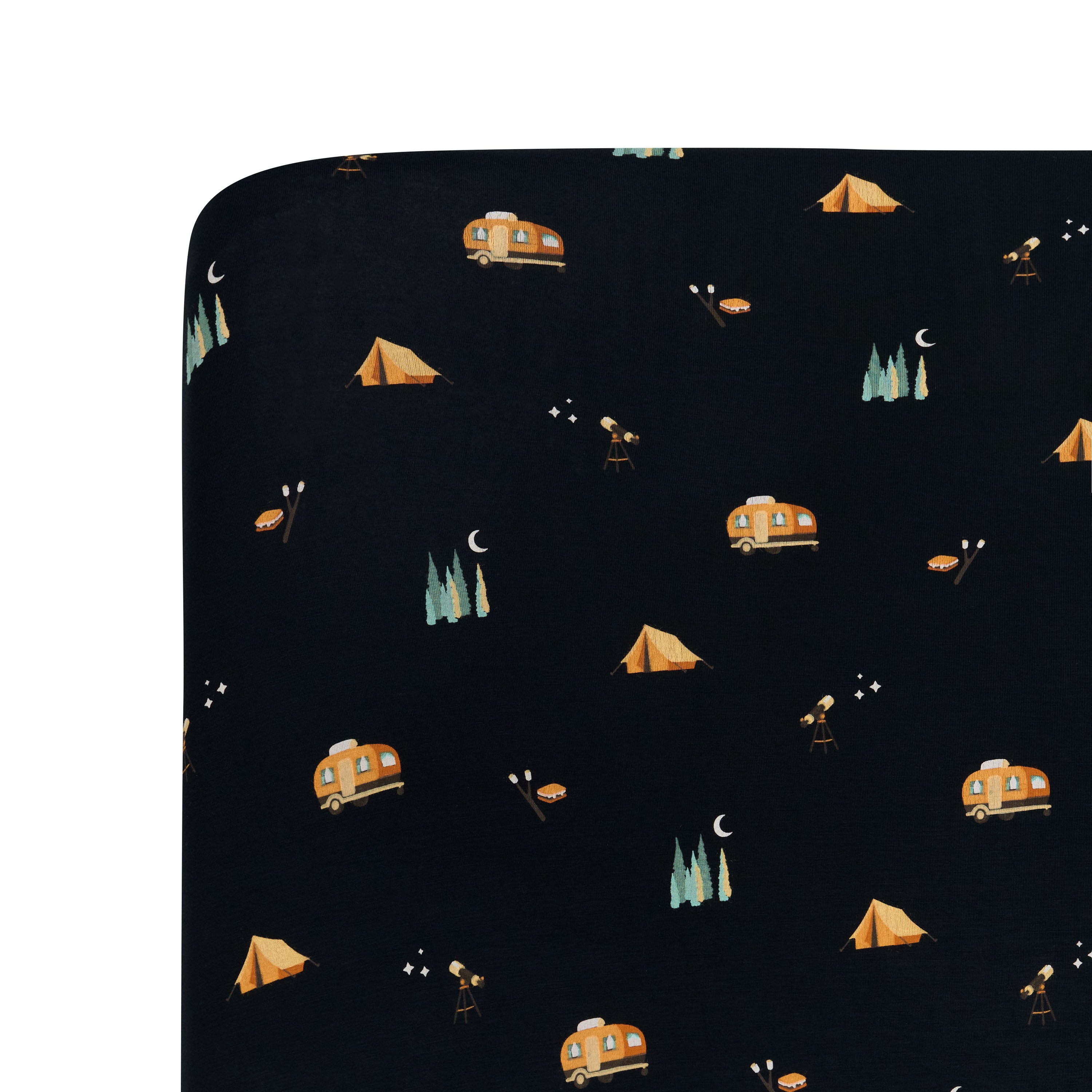 Close up of the corner of the Crib Sheet in Under the Stars on a mattress