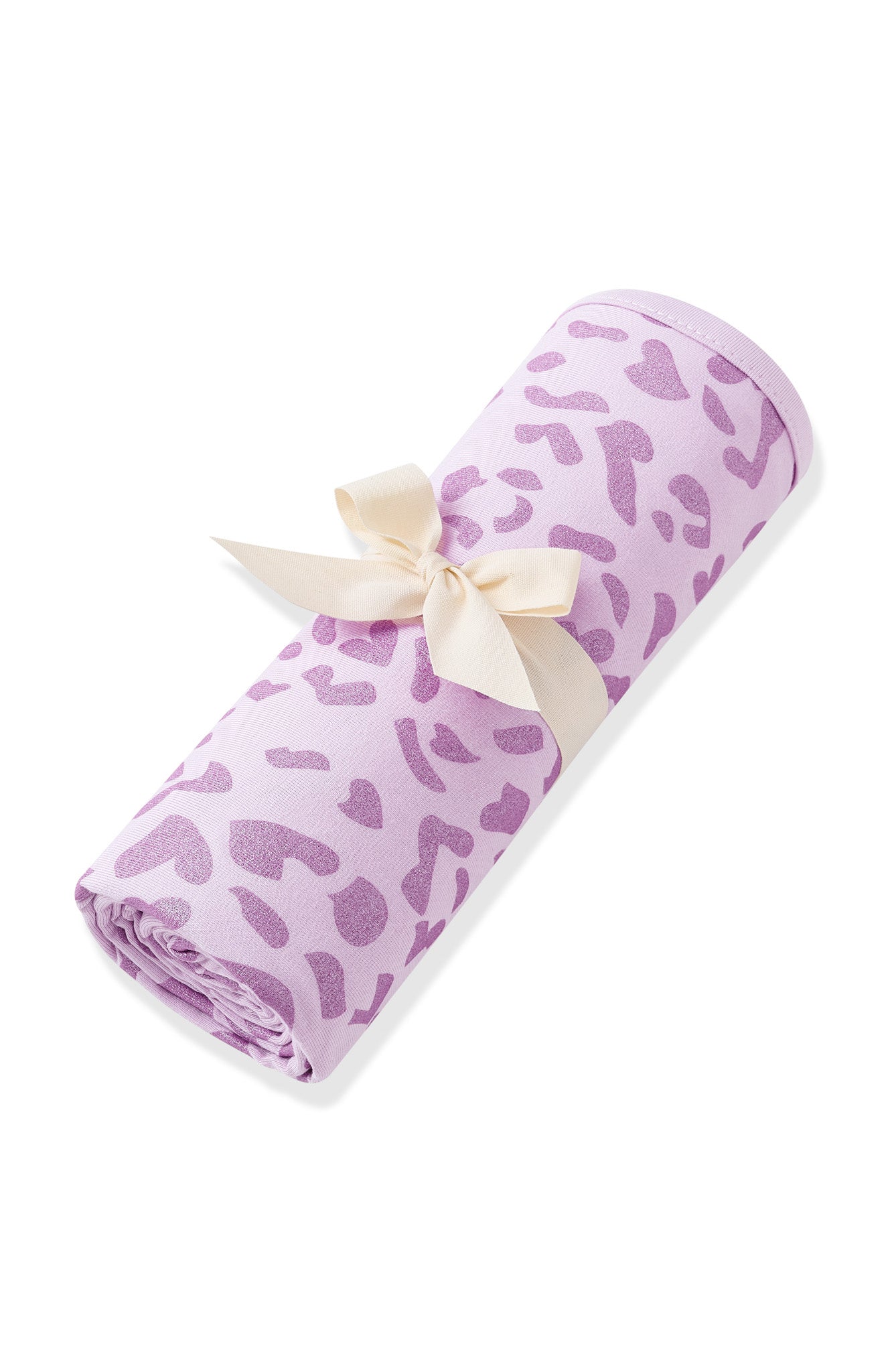 Swaddle Blanket in Thistle Leopard print rolled and packed with ribbon on white background