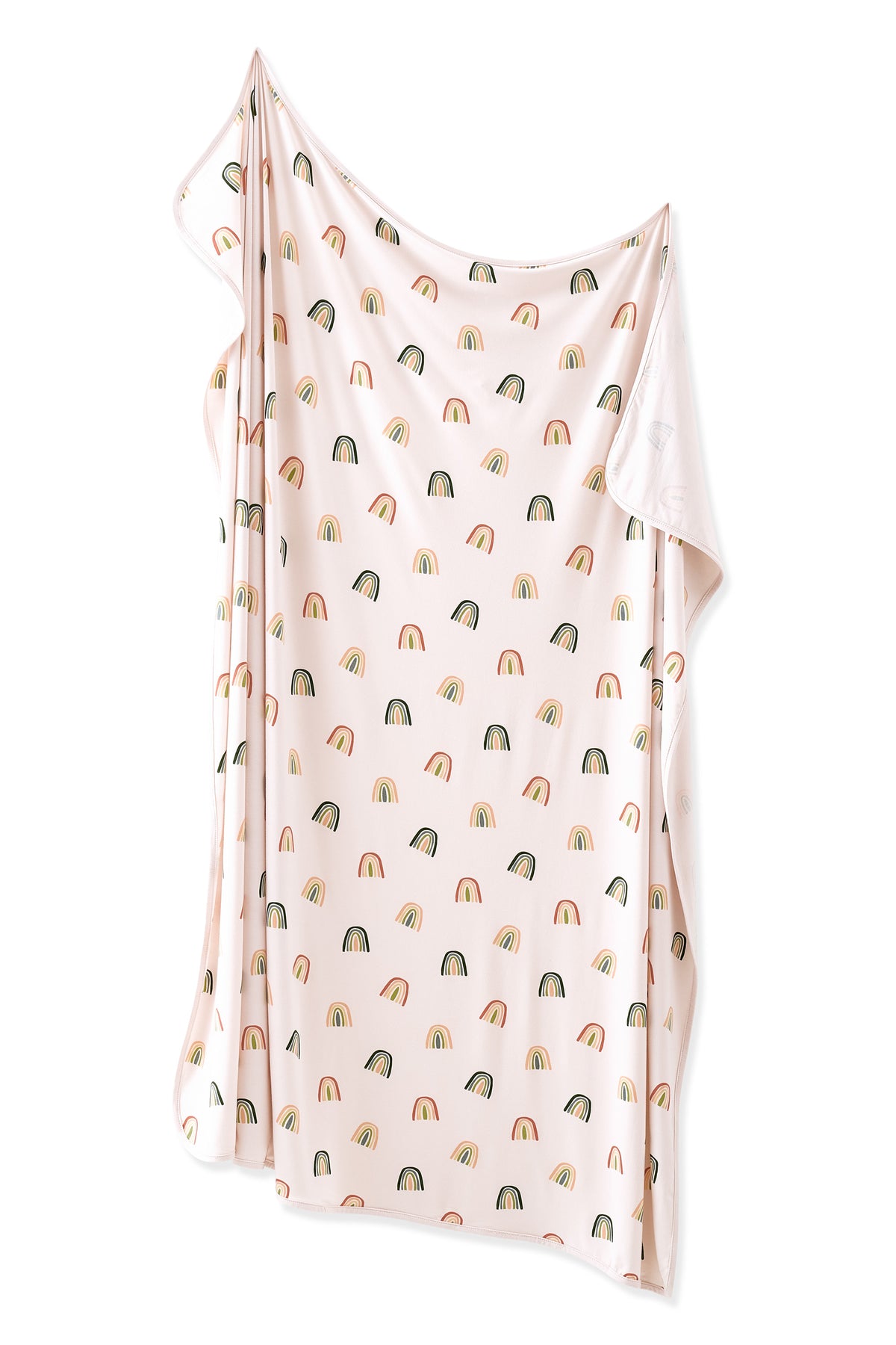 Vanilla cream Swaddle Blanket in Retro Rainbow print on a white background