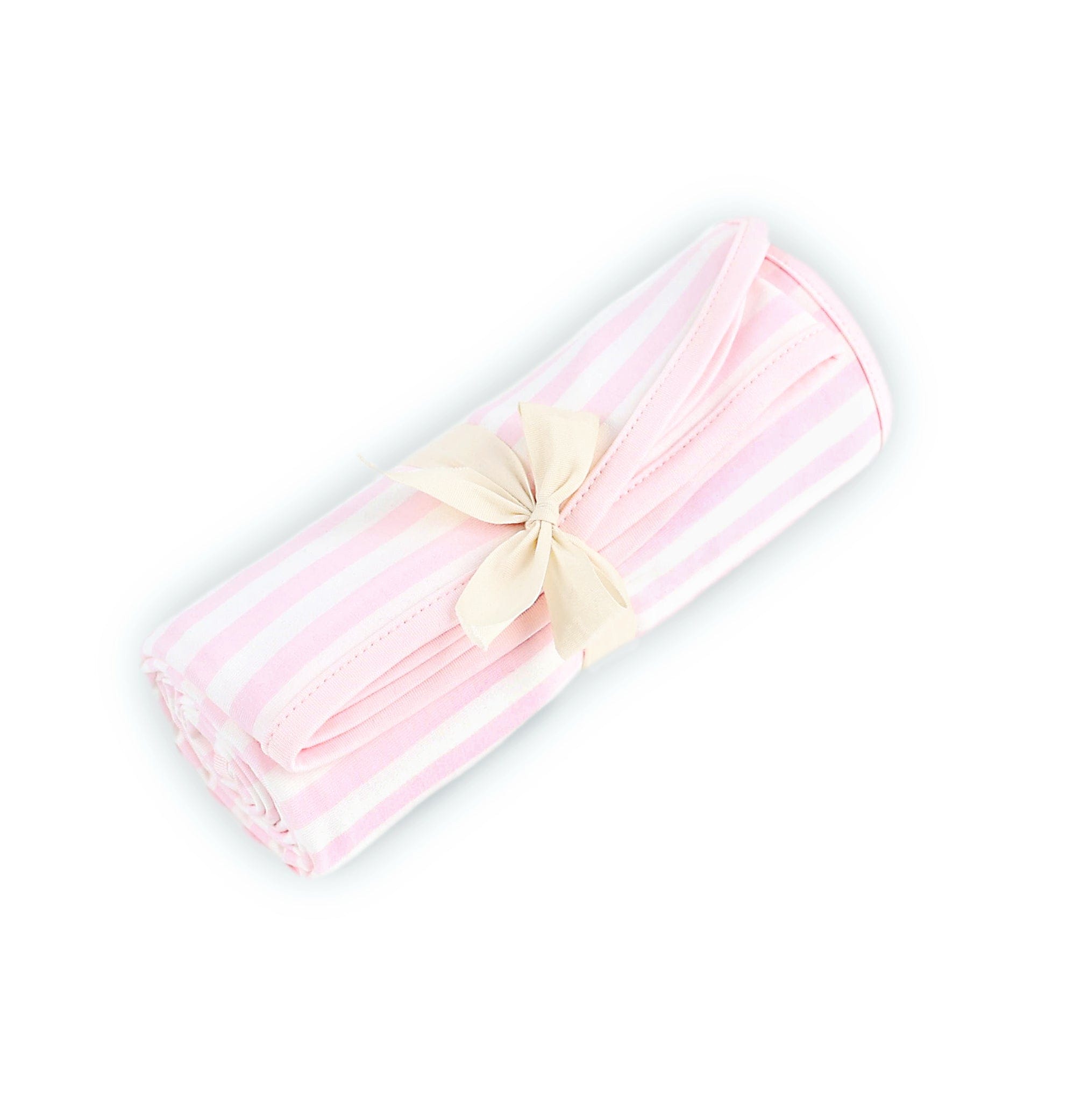 Swaddle Blanket in Small Sakura Stripe shown wrapped in its packaging tied with a linen bow