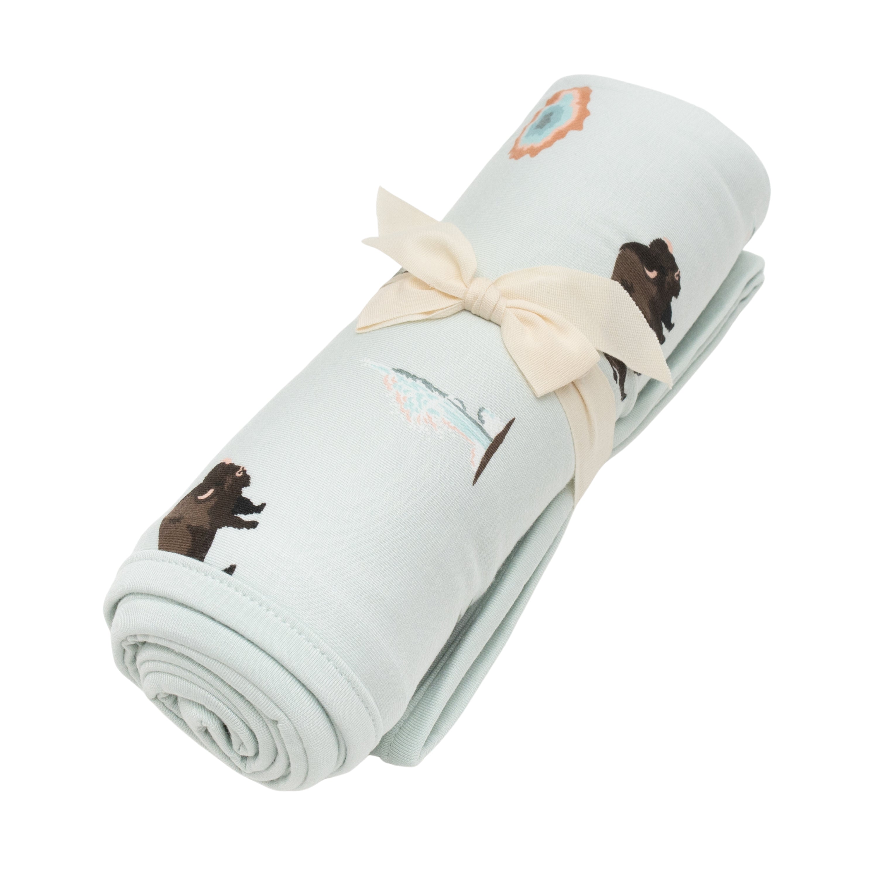 Swaddle Blanket in Yellowstone shown wrapped up with bow
