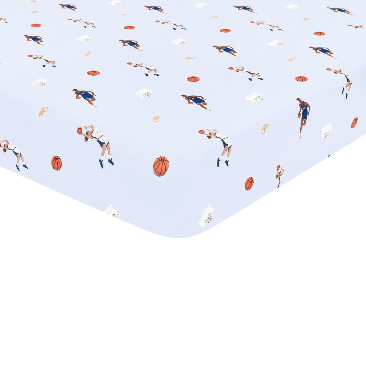 Corner of the Twin Sheet in Basketball shown on a mattress