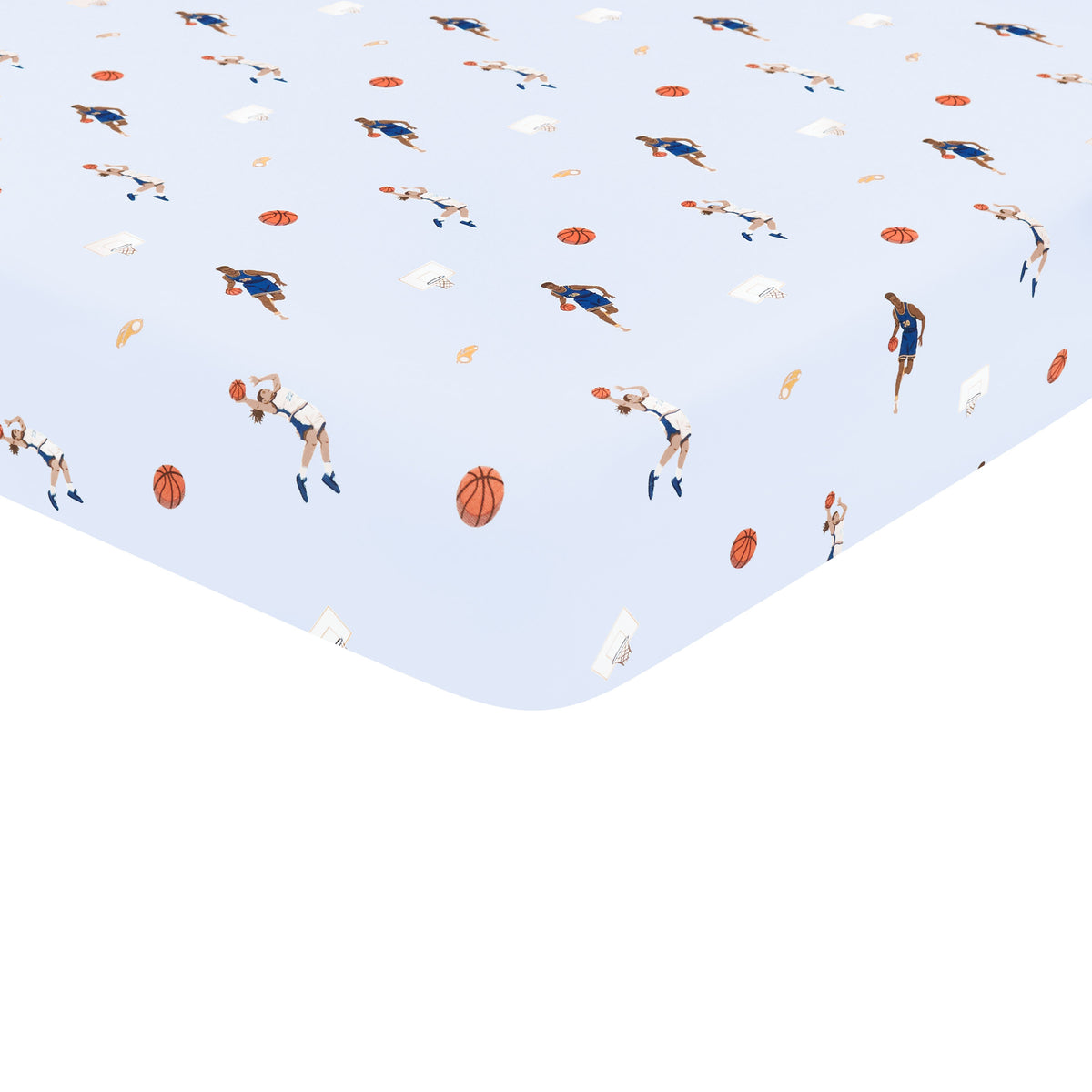 Corner of the Twin Sheet in Basketball shown on a mattress