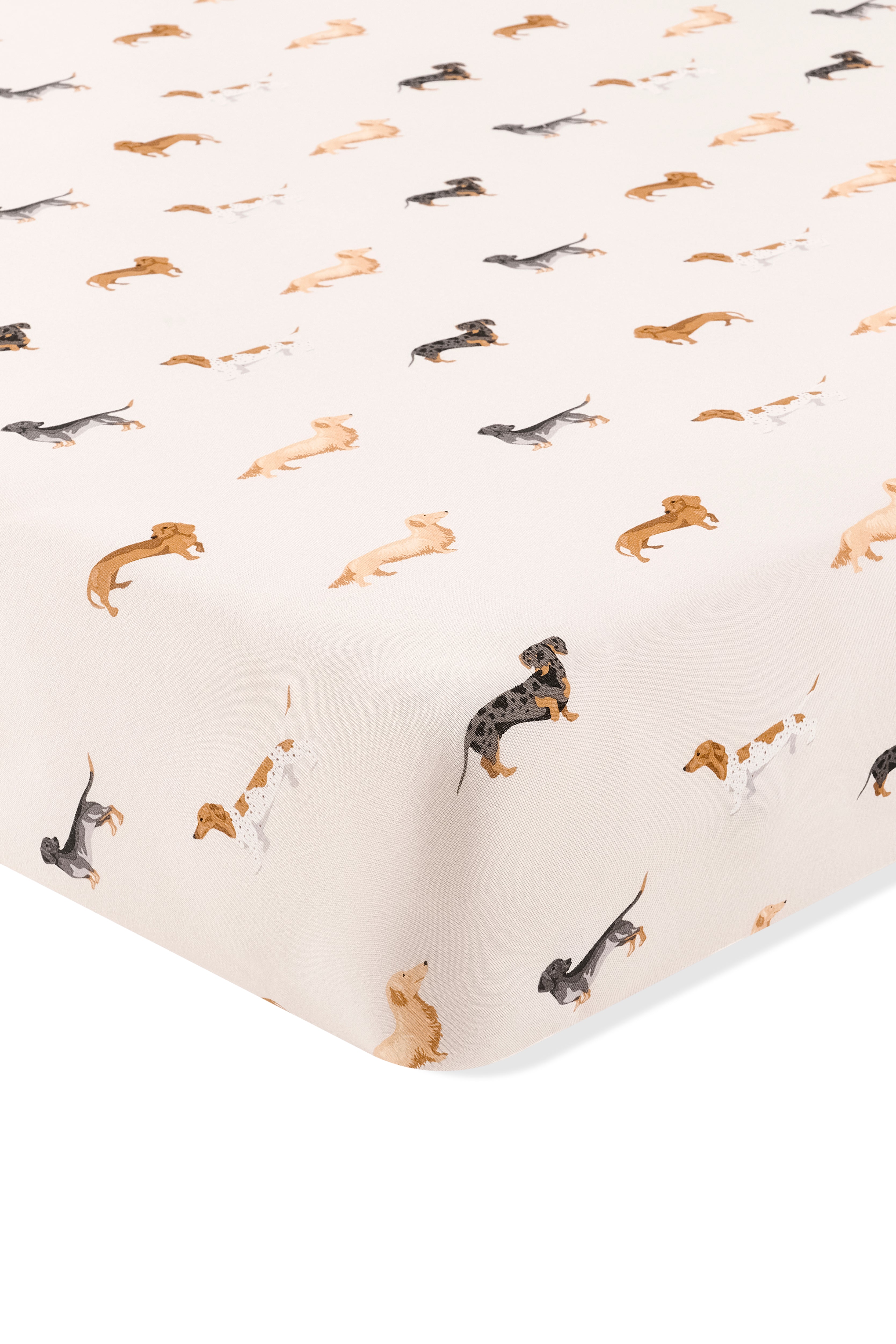 Beige Twin Sheet in Dachshund print on a white background