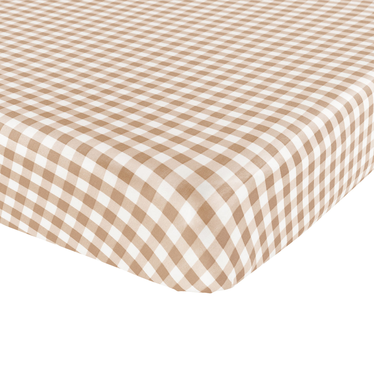 Corner of the Twin Sheet in Gingham Bisque shown on a mattress