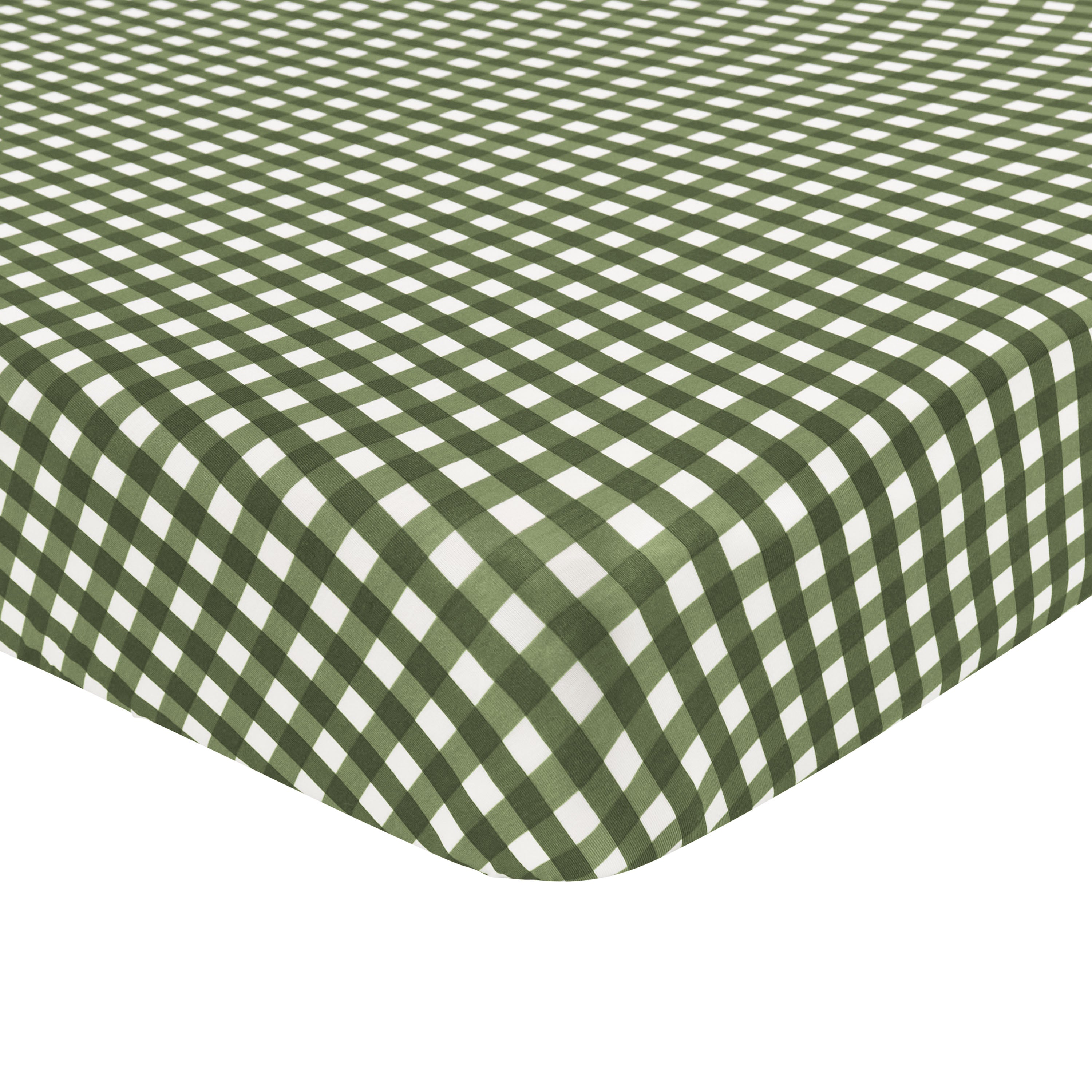 Corner of the Twin Sheet in Gingham Fir shown on a mattress