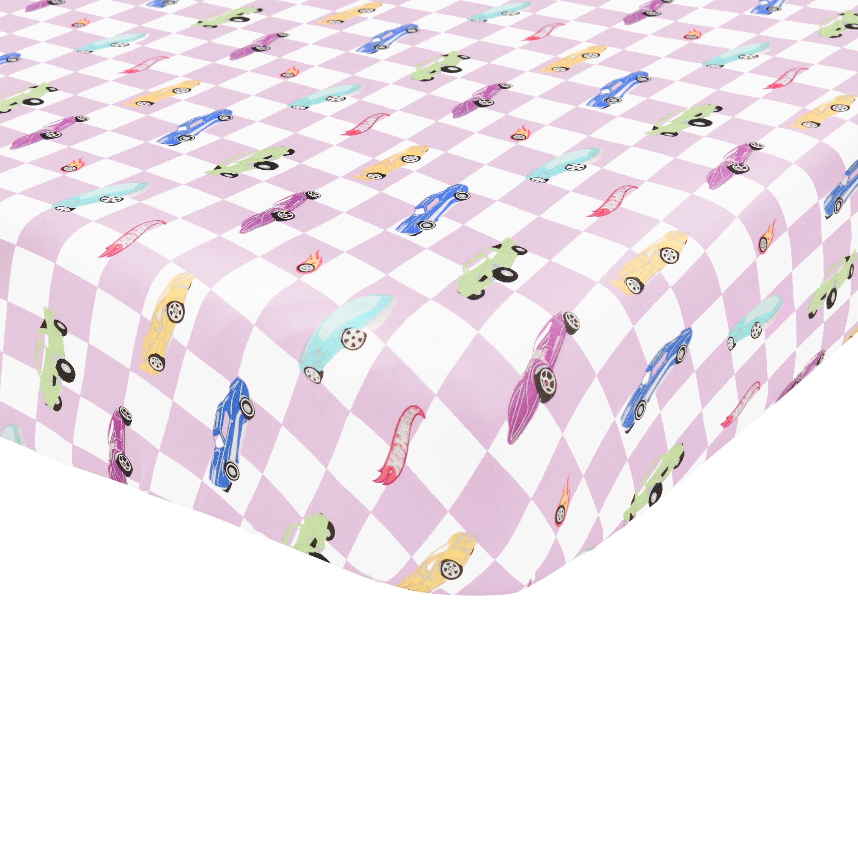 Corner of Twin Sheet in Sparkles and Speed shown on a mattress
