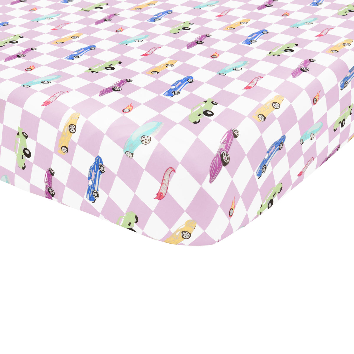 Corner of Twin Sheet in Sparkles and Speed shown on a mattress