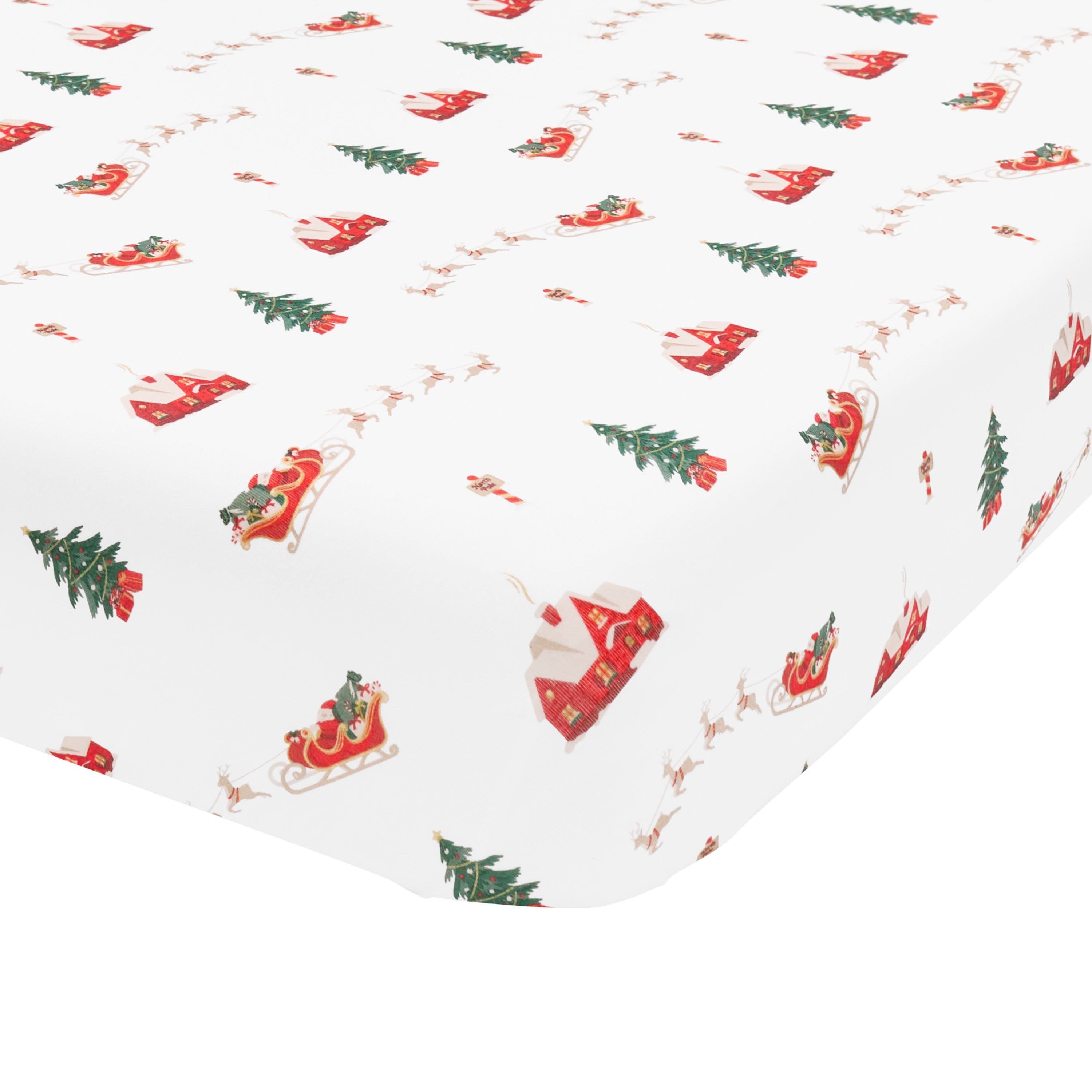 Corner of the Twin Sheet in Santa Sleigh on a mattress