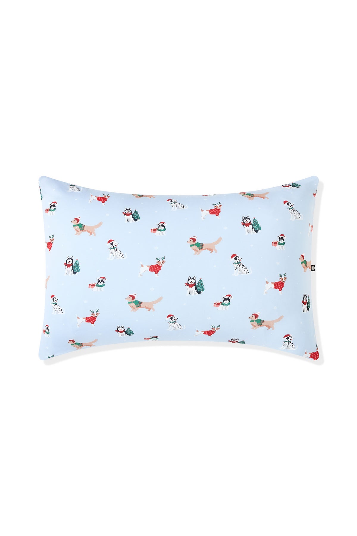 Blue Standard Pillowcase in Holiday Pups print on a white background