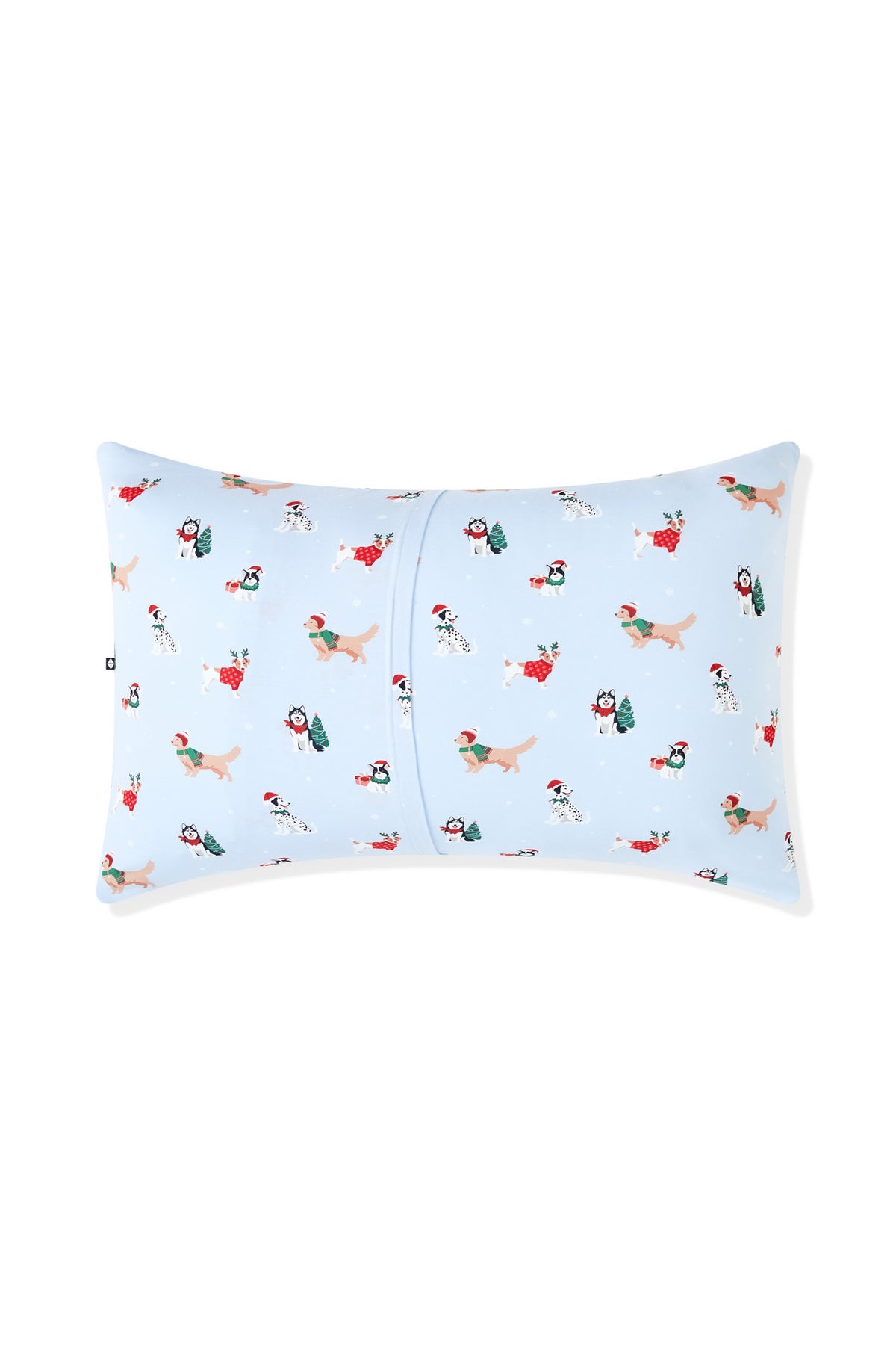Back side of Blue Standard Pillowcase in Holiday Pups print on a white background
