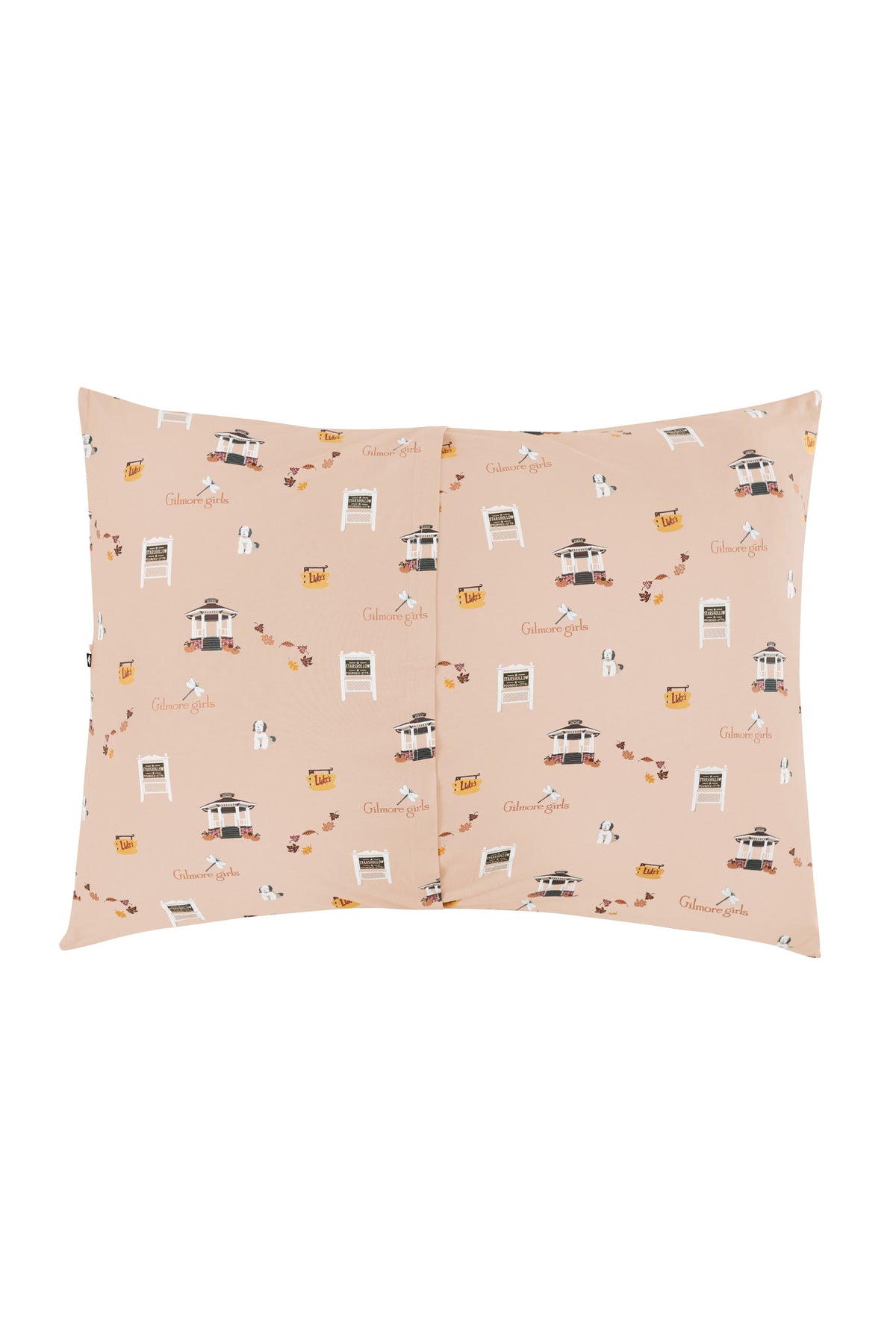 Pillowcase with envelope style closure with a Gilmore Girls design on a light beige background
